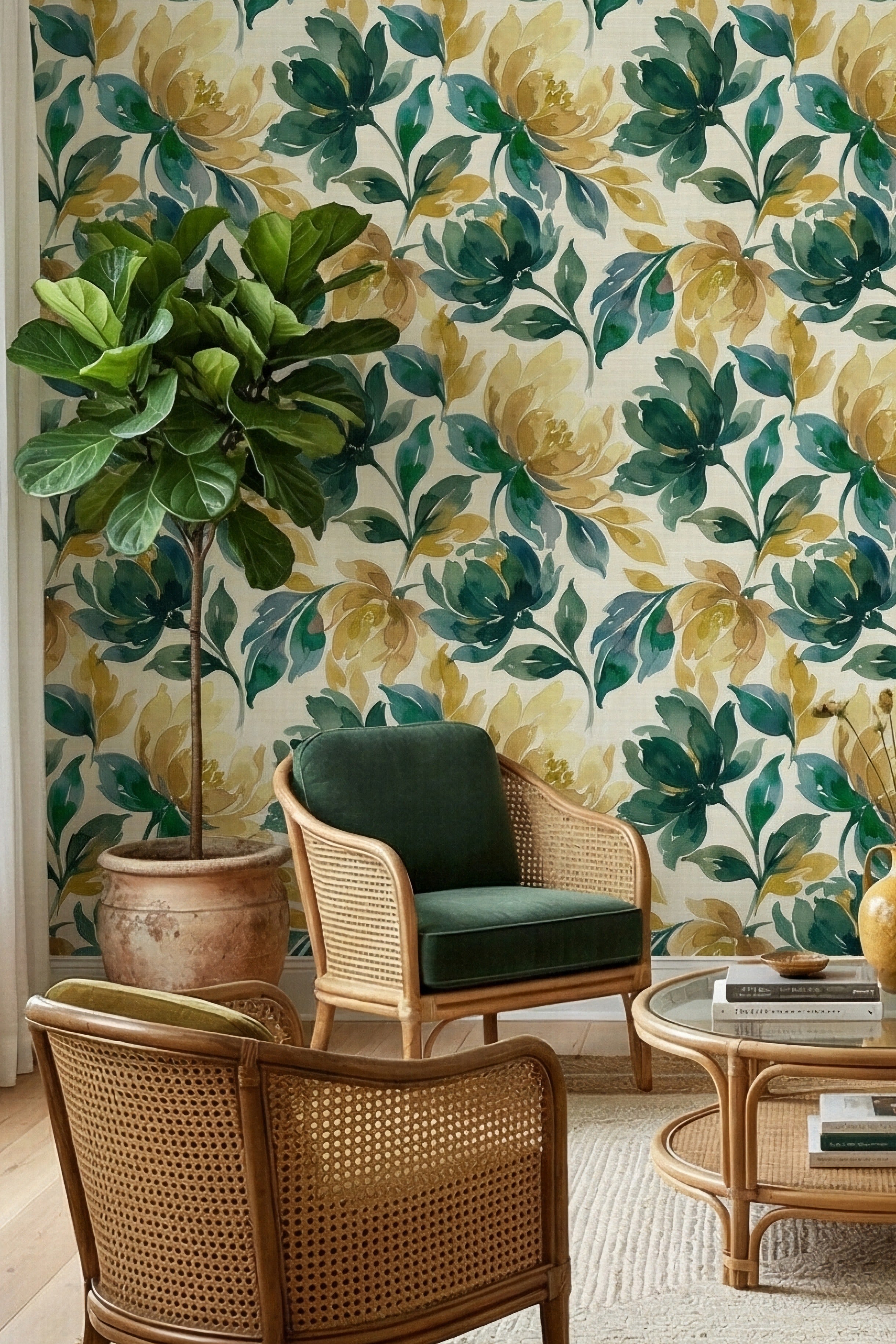 Meadow Medley wallpaper shown in a living room