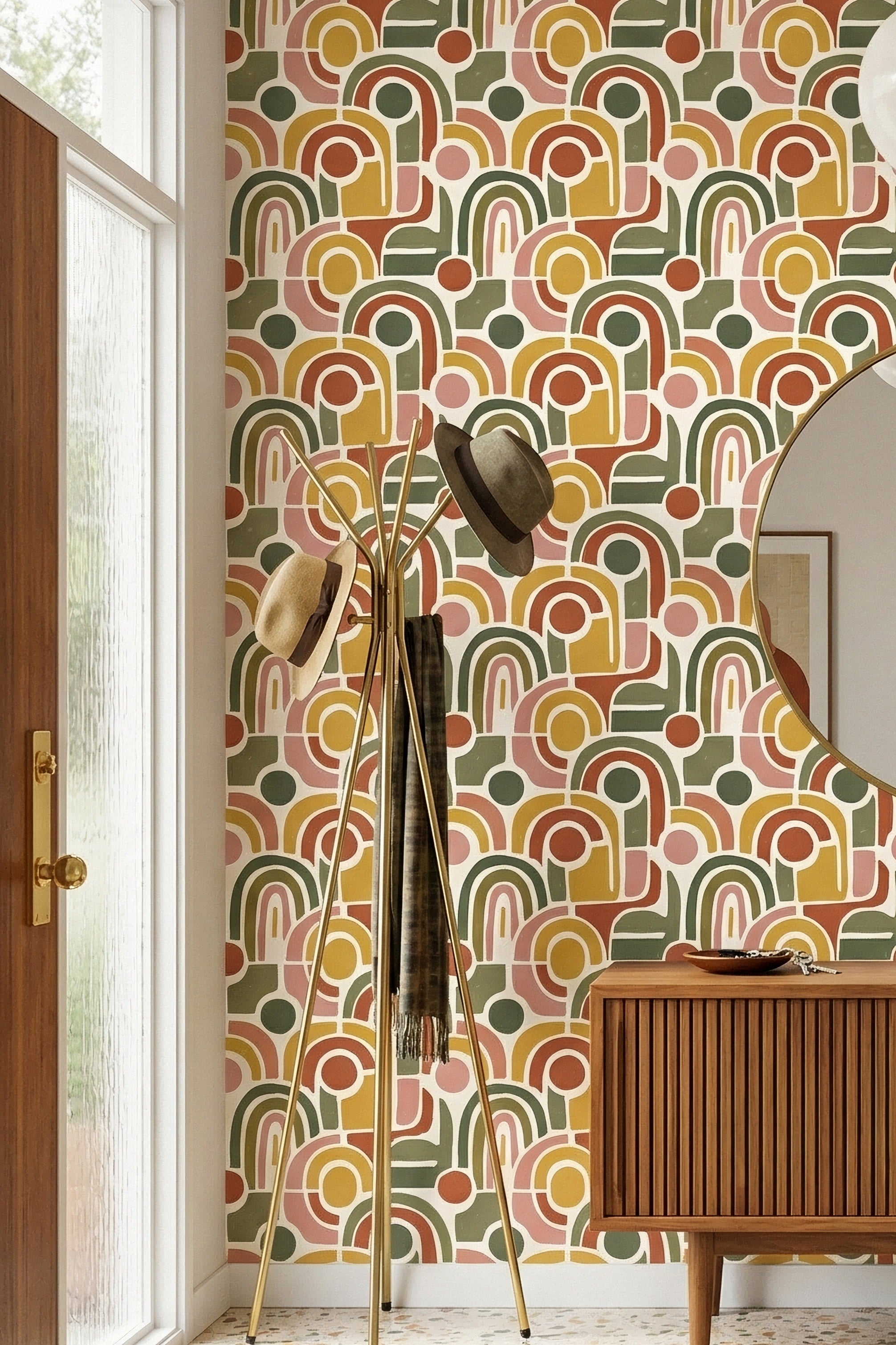 Rainbow Arcade wallpaper shown in an entryway