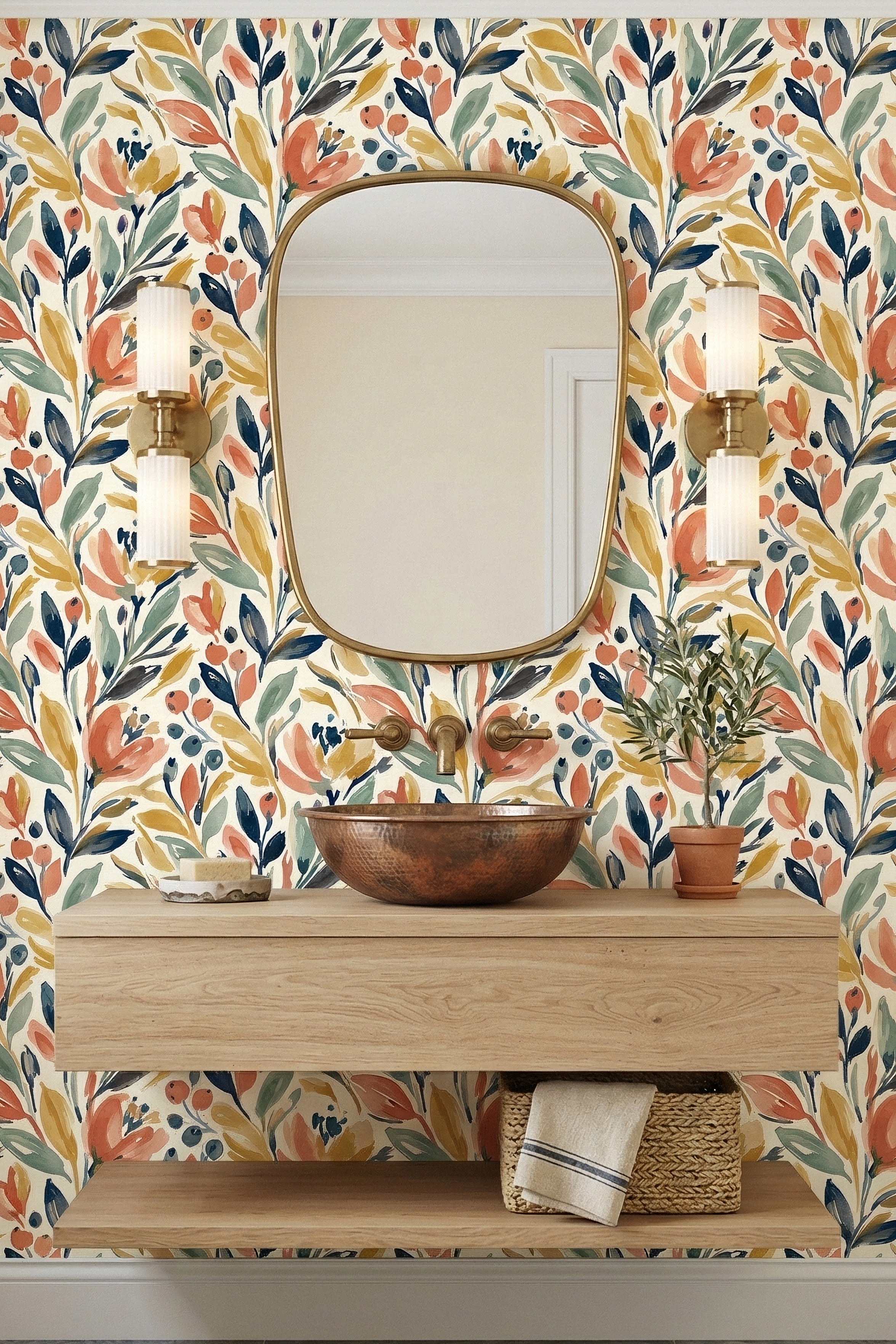 Seaside Wildflower wallpaper shown in a styled room