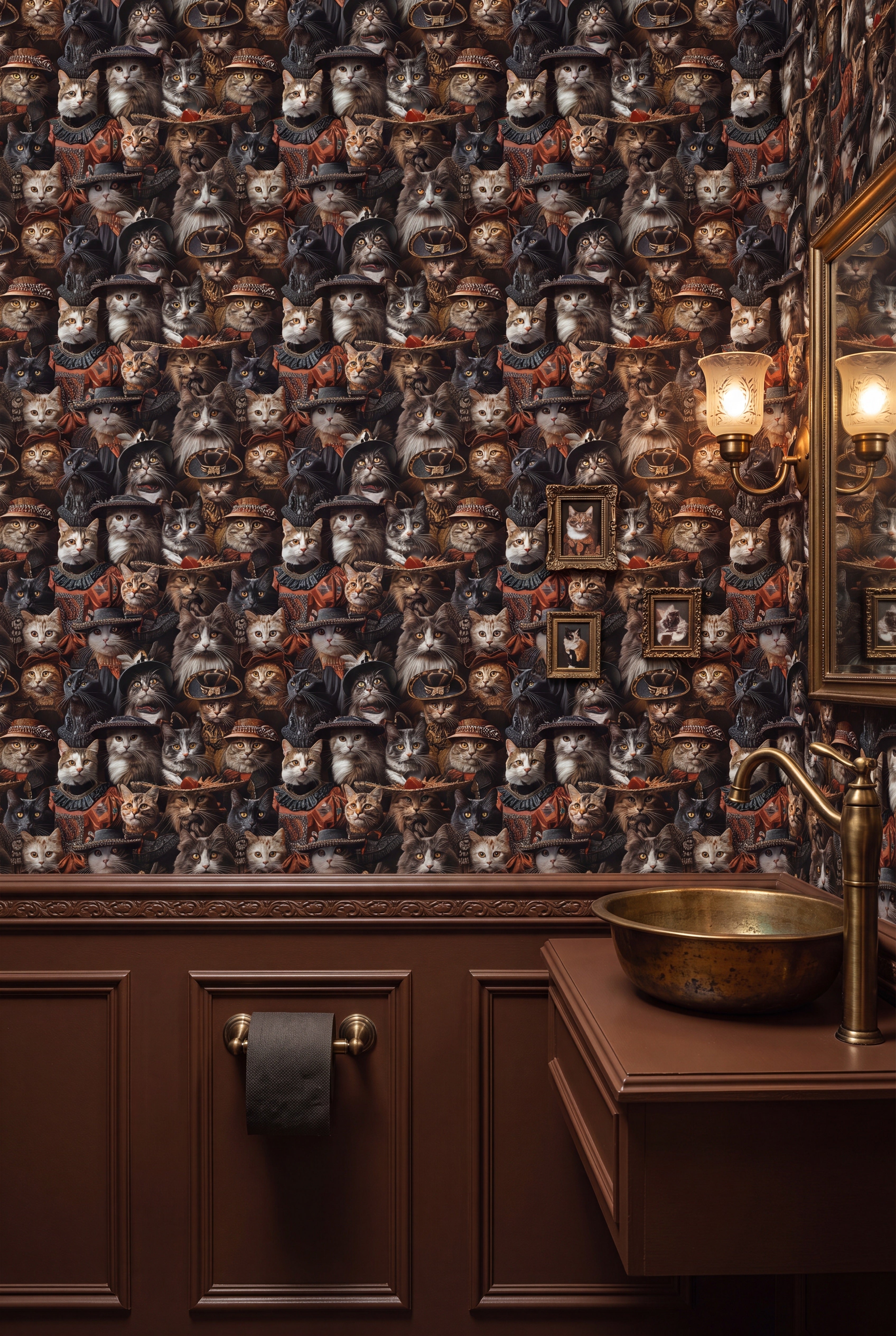 Velvet Whiskers wallpaper shown in a powder room