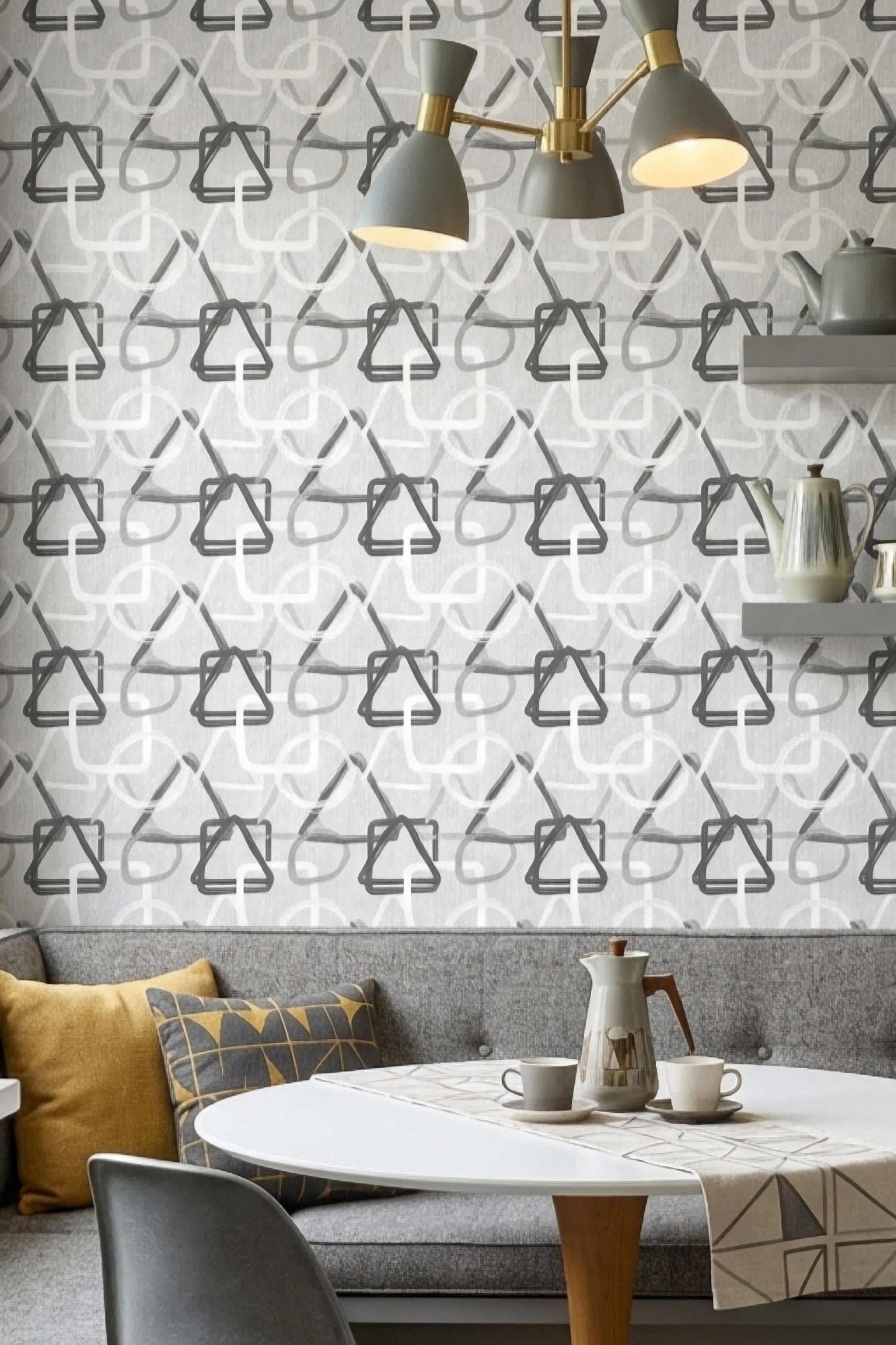 Graphite wallpaper shown in a kitchen nook