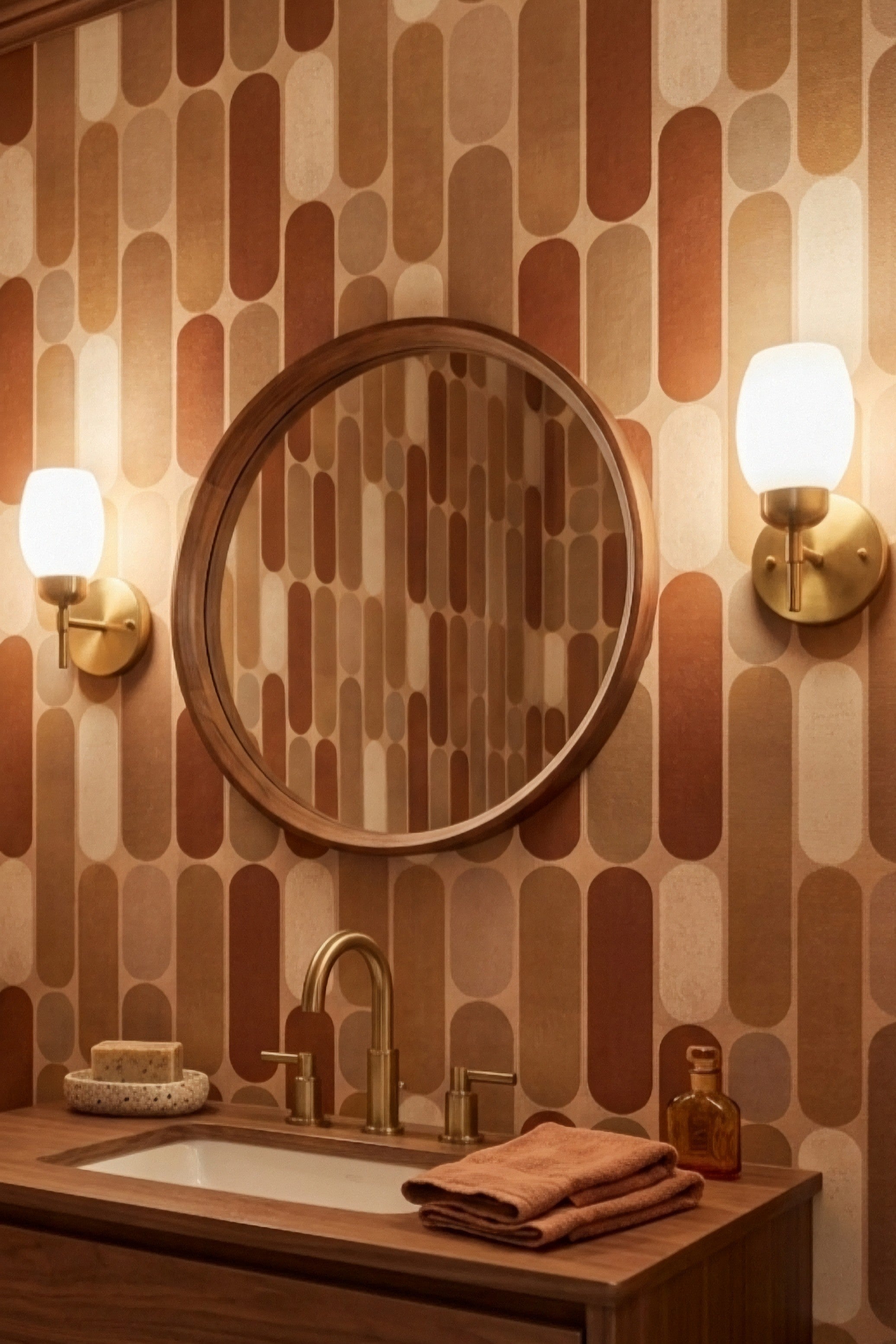 Earthen Mod wallpaper shown in a powder room