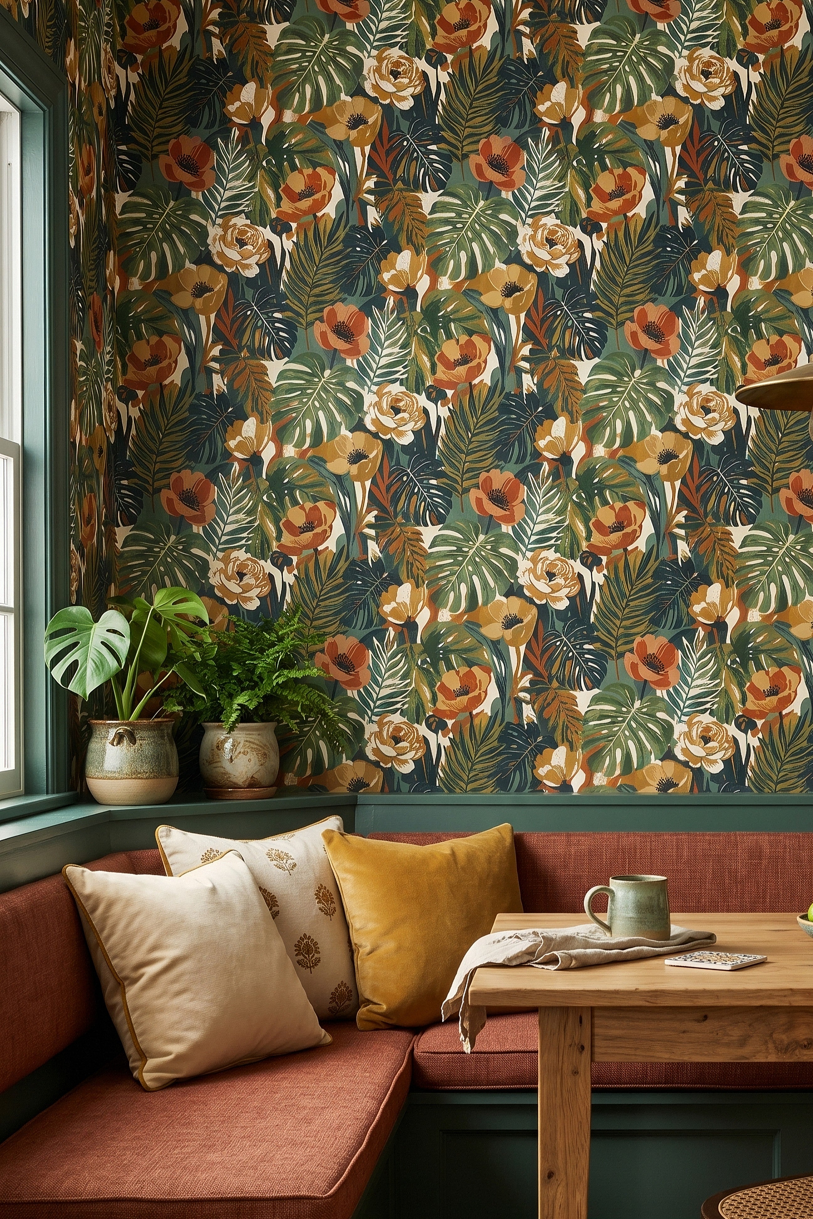 Boho Tropics wallpaper shown in a kitchen nook