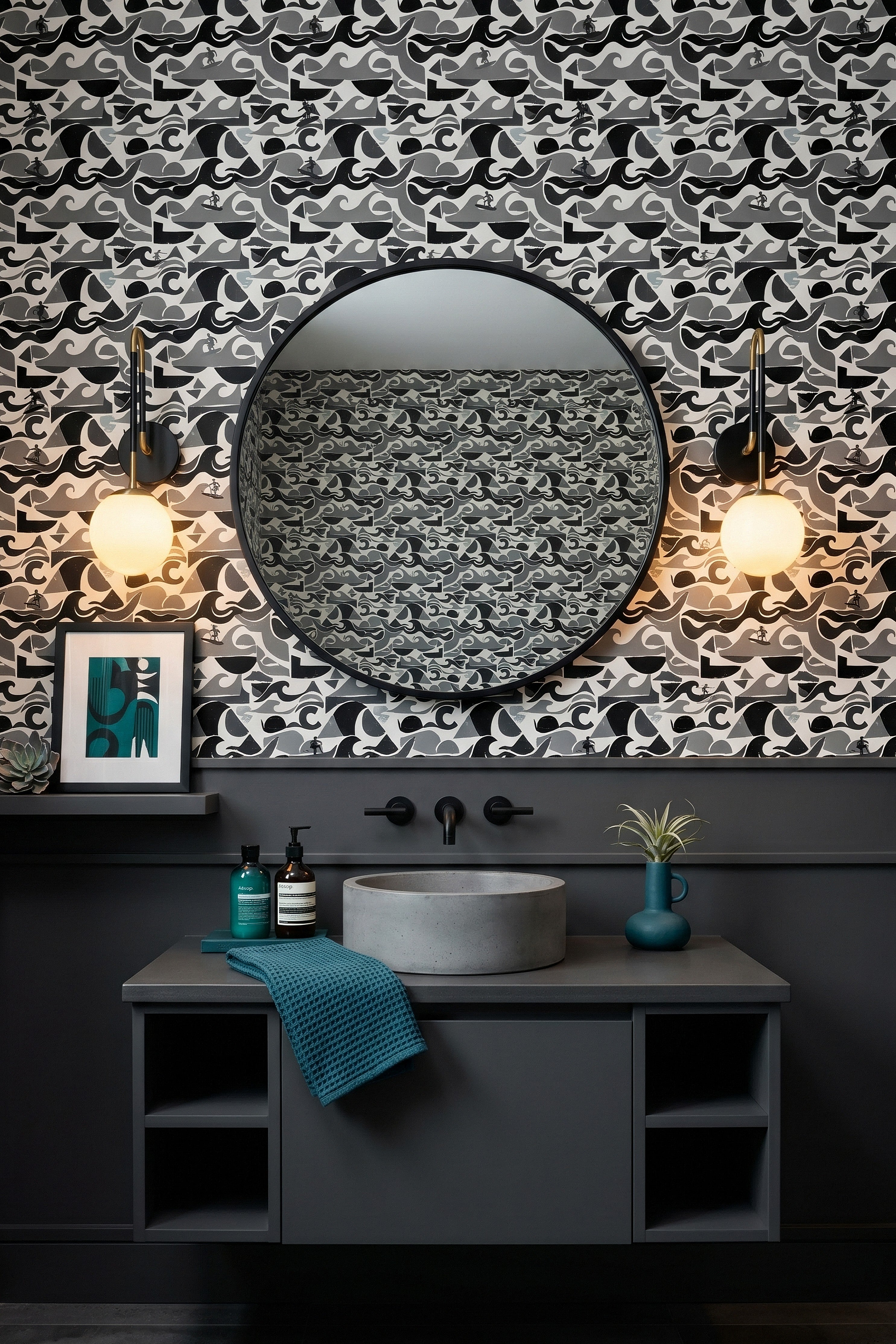 Monochrome Surf wallpaper shown in a powder room