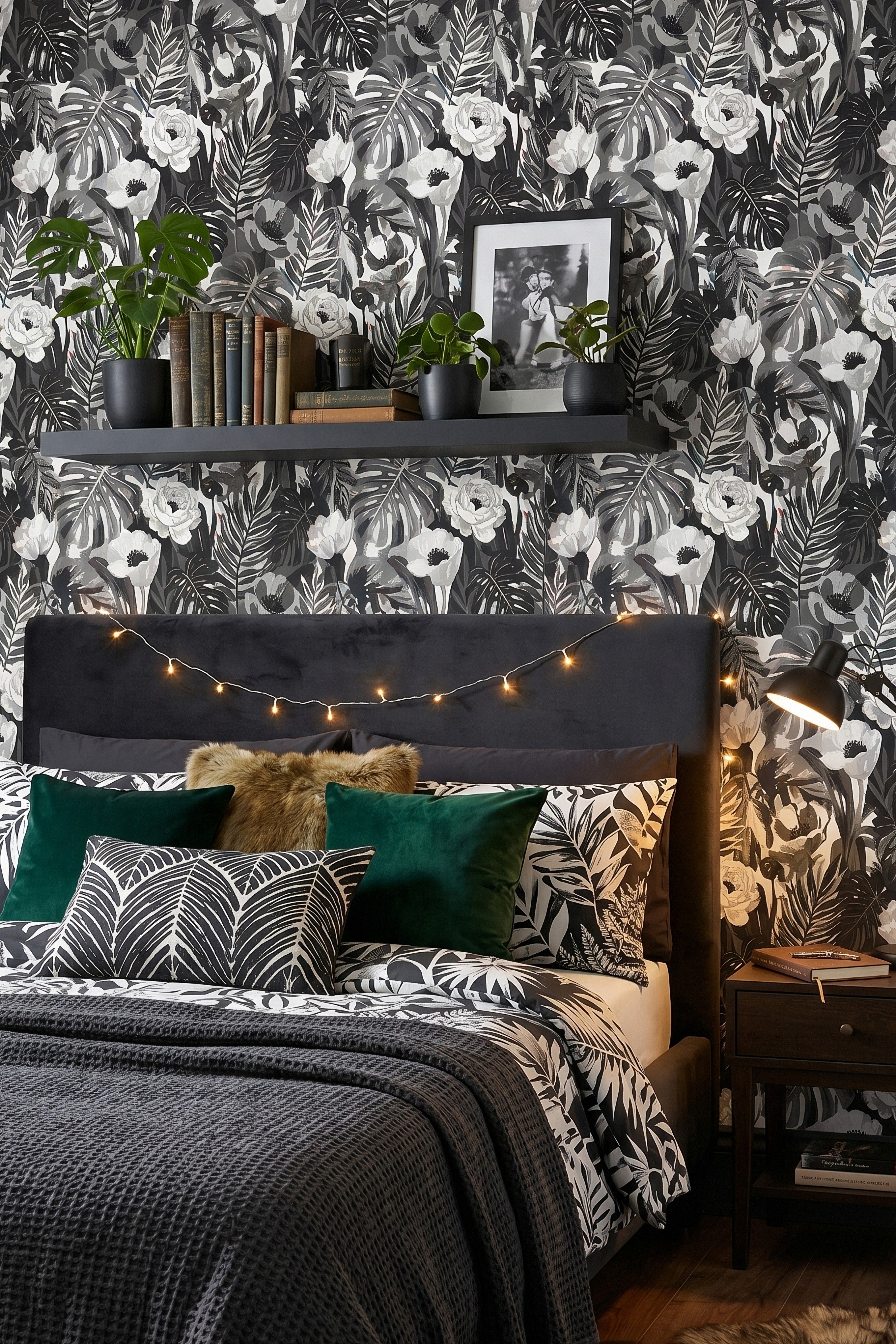 Tropic Noir wallpaper shown in a bedroom