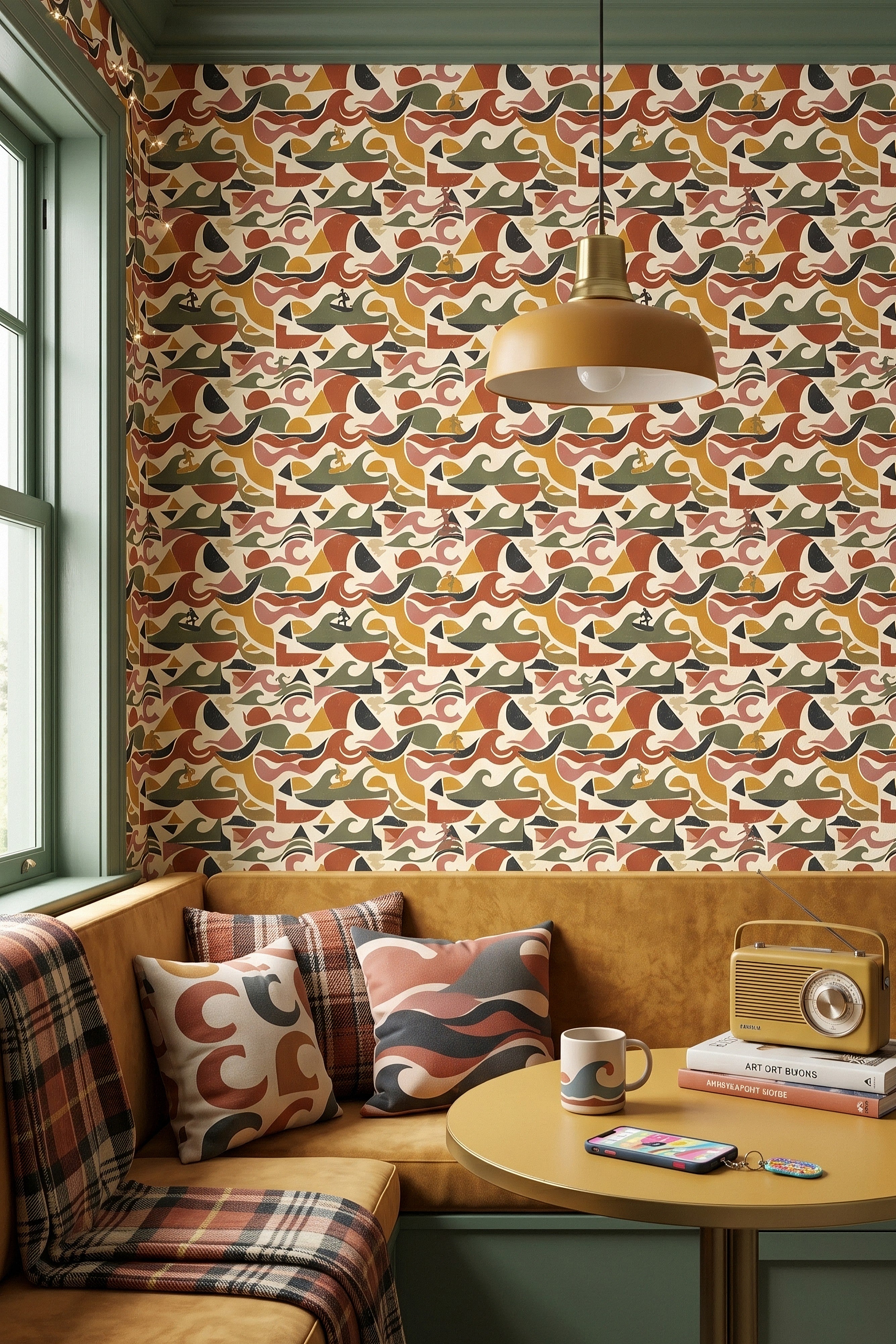 Retro Swell wallpaper shown in a kitchen nook