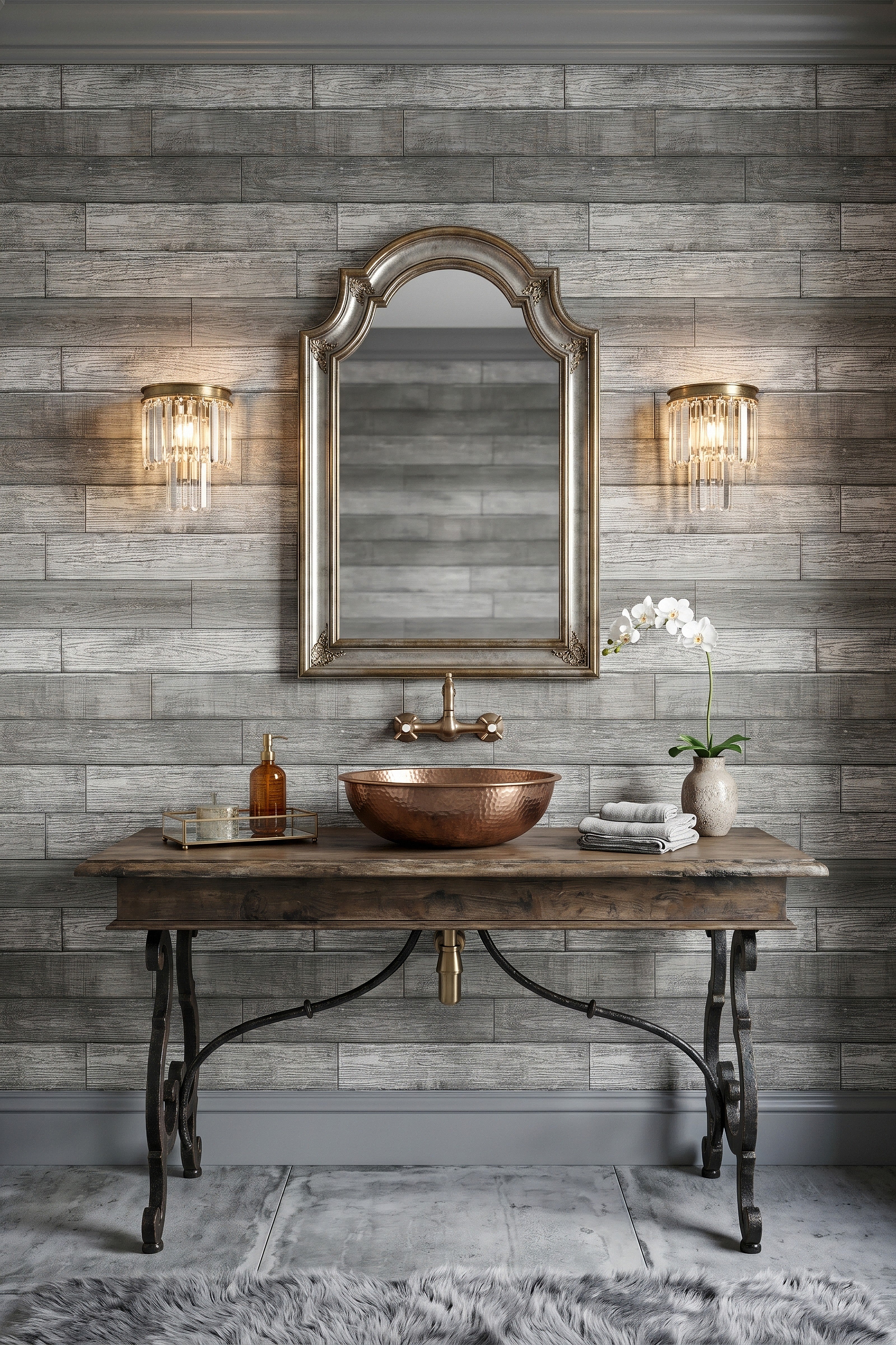 Shiplap wallpaper shown in a powder room