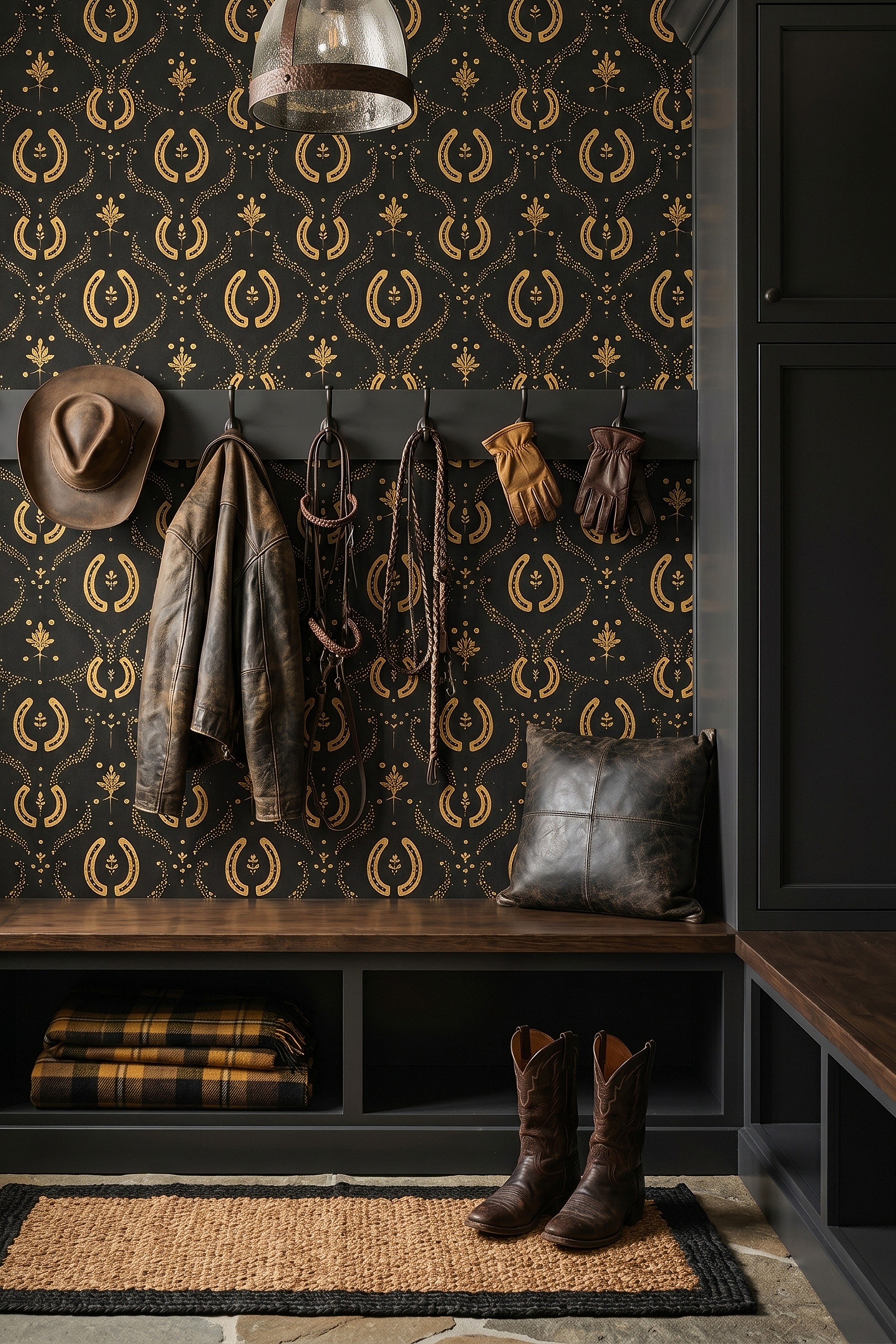 Gilded Rodeo wallpaper shown in a mudroom