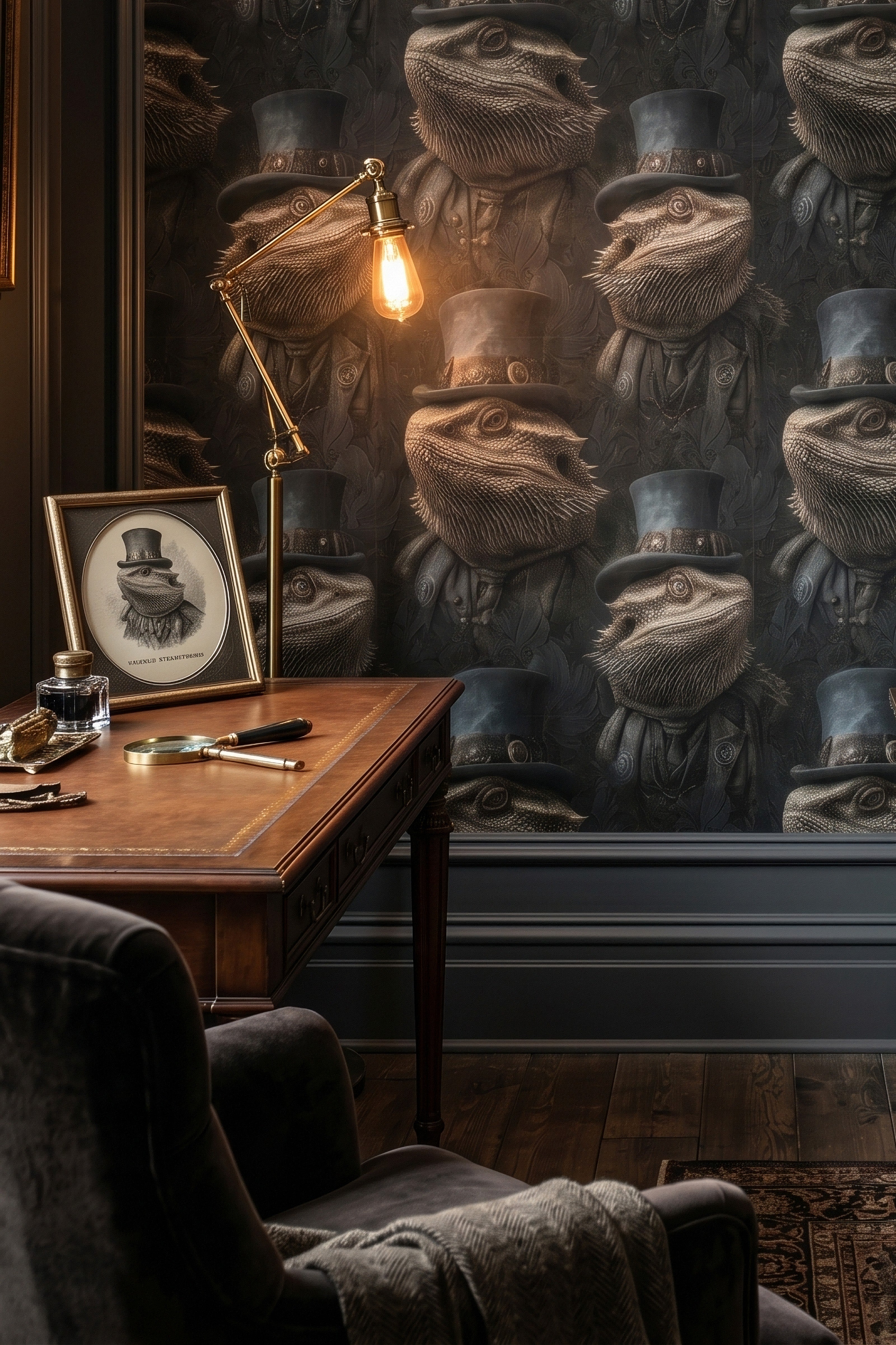 Dapper Dragon wallpaper shown in a home office