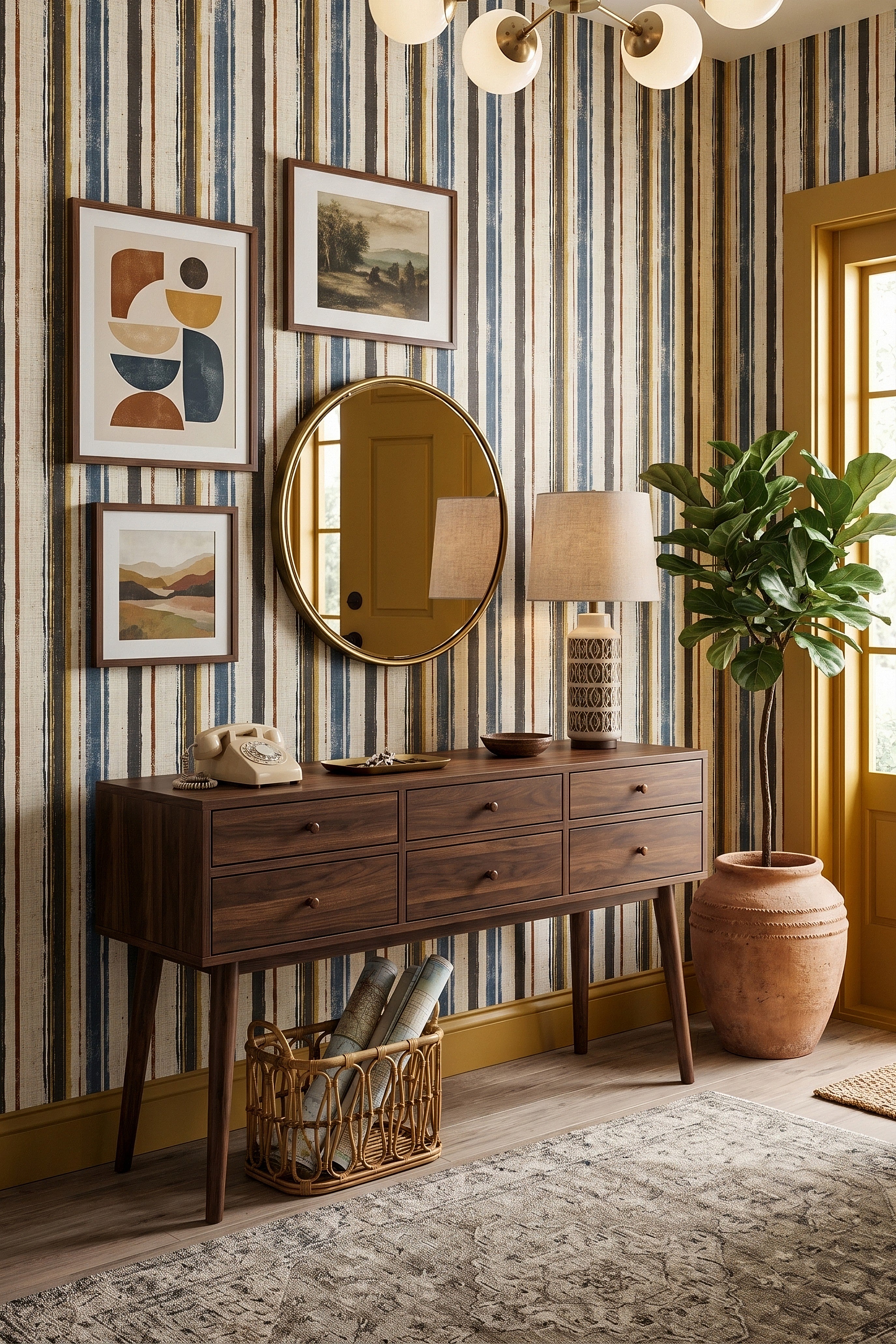 Bluebird Stripe wallpaper shown in an entryway