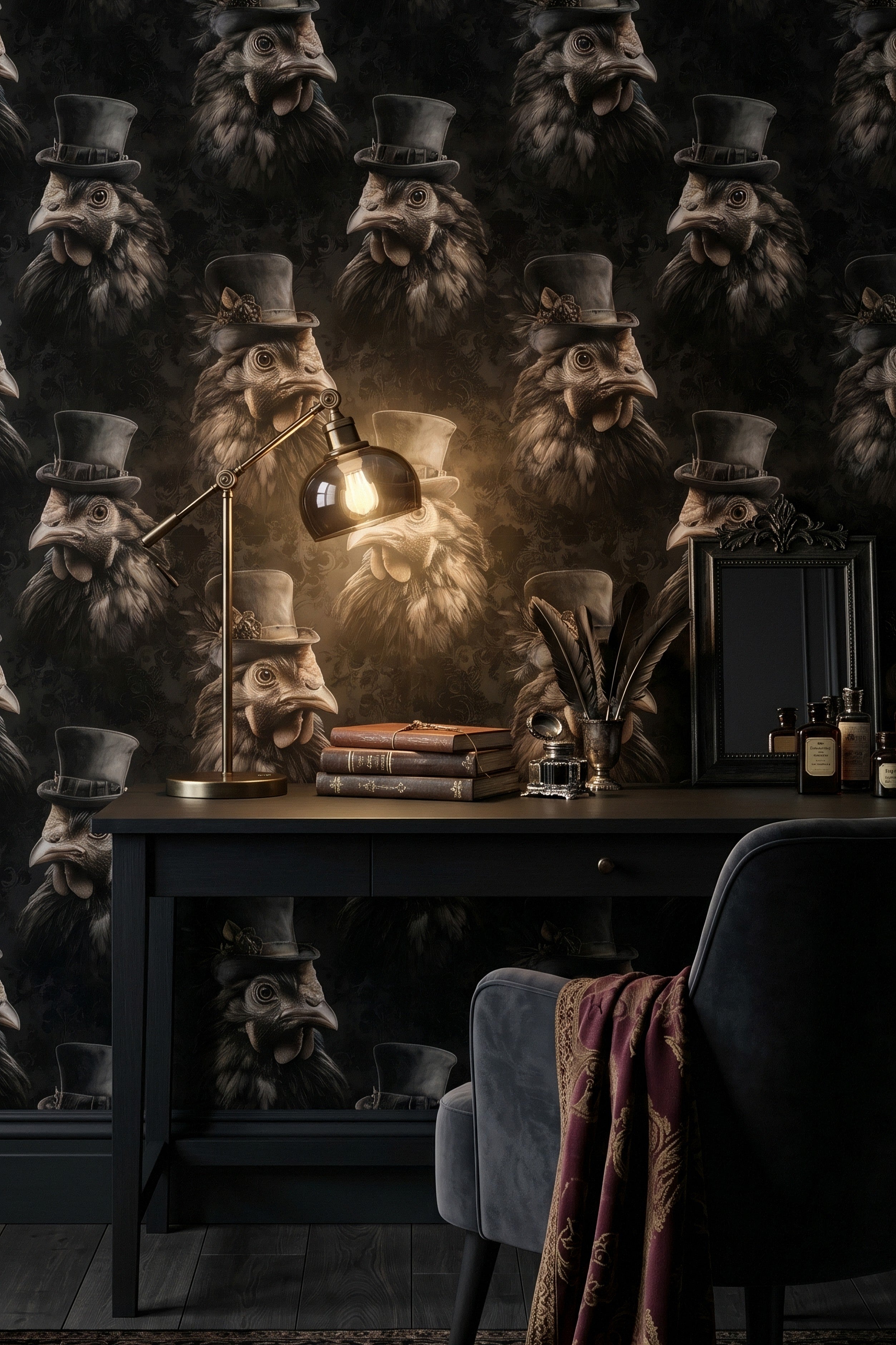Dapper Hen wallpaper shown in a home office