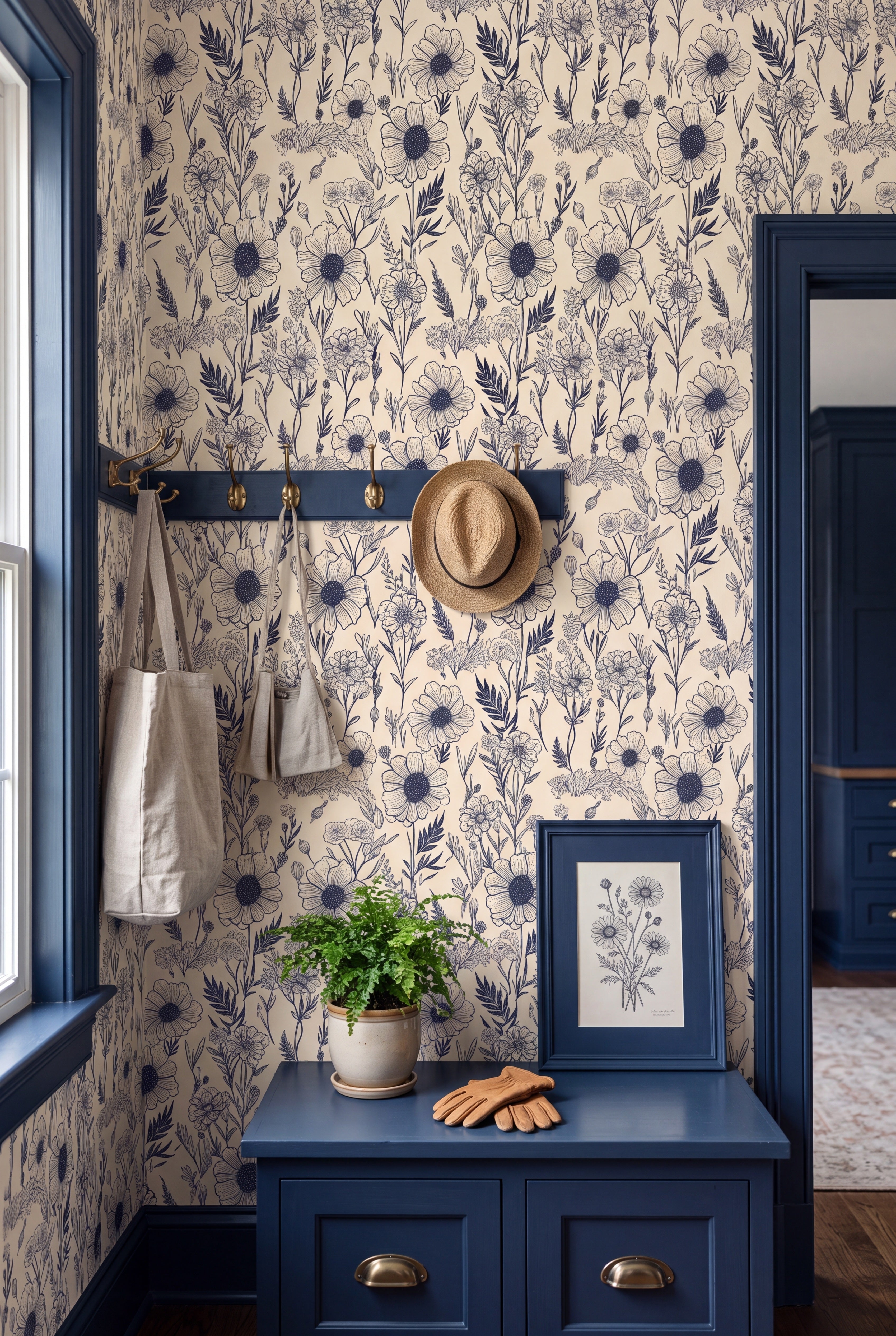 Navy Heirloom wallpaper shown in a mudroom