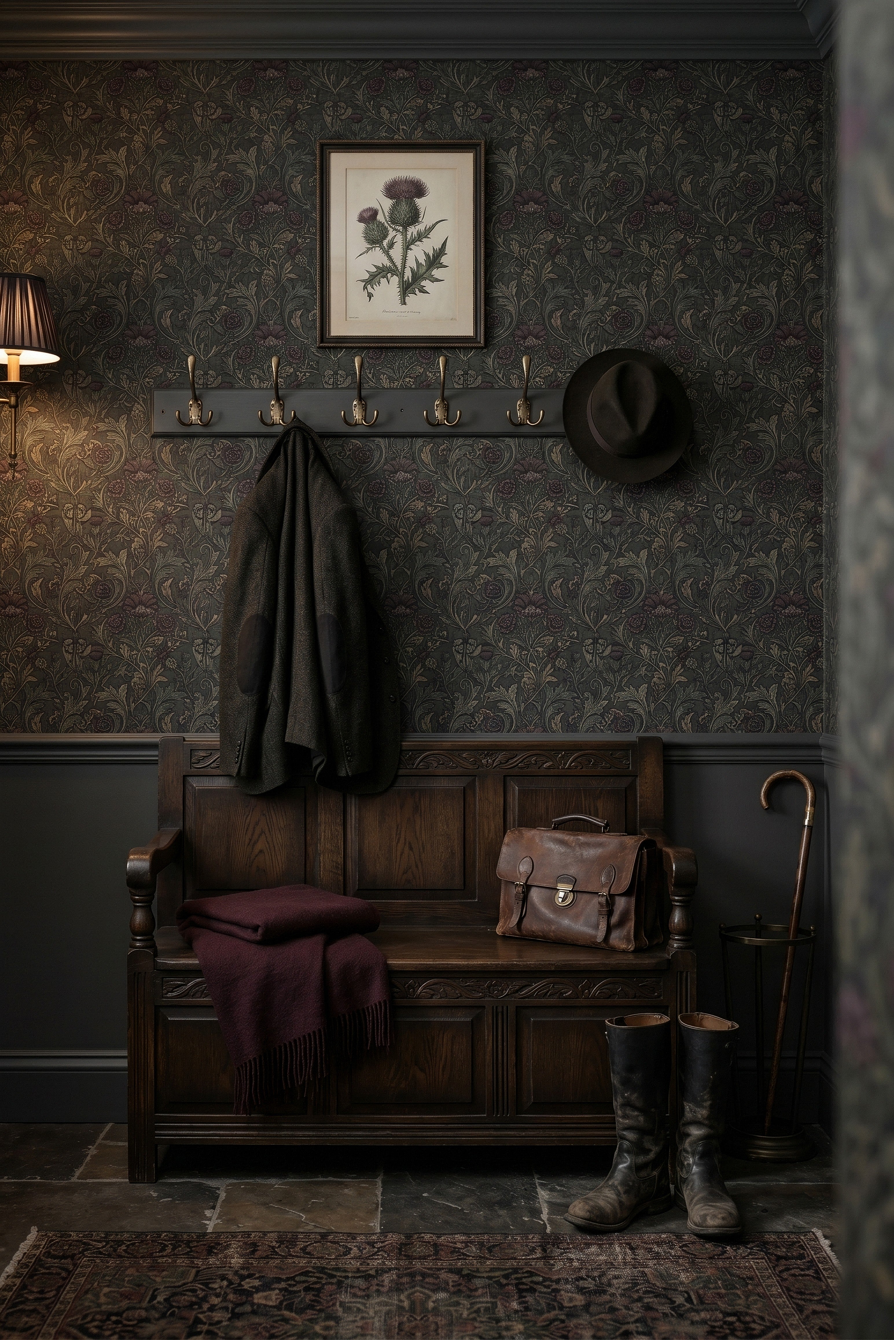 Morris Bordeaux wallpaper shown in a mudroom