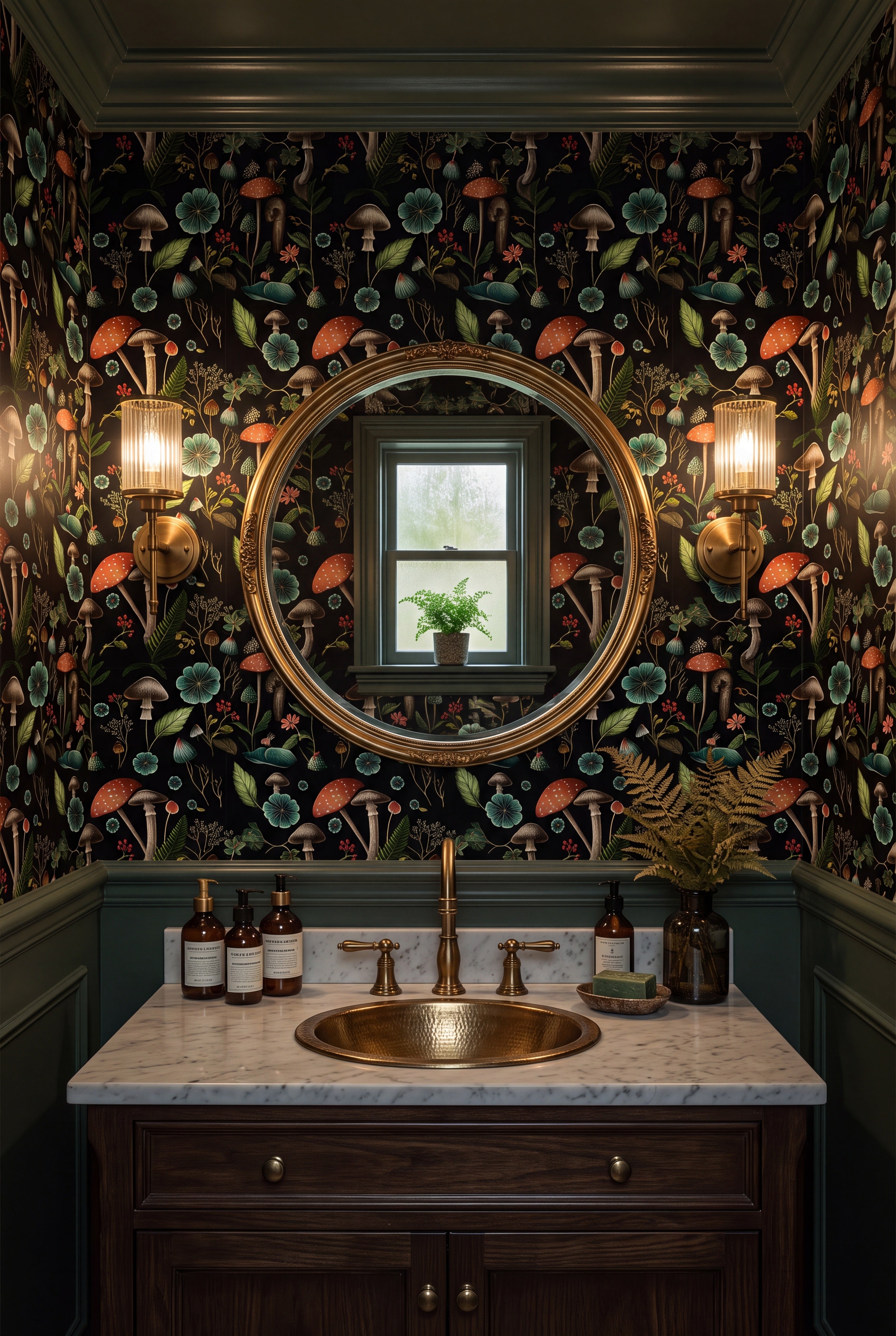 Mushroom Hollow wallpaper shown in a powder room