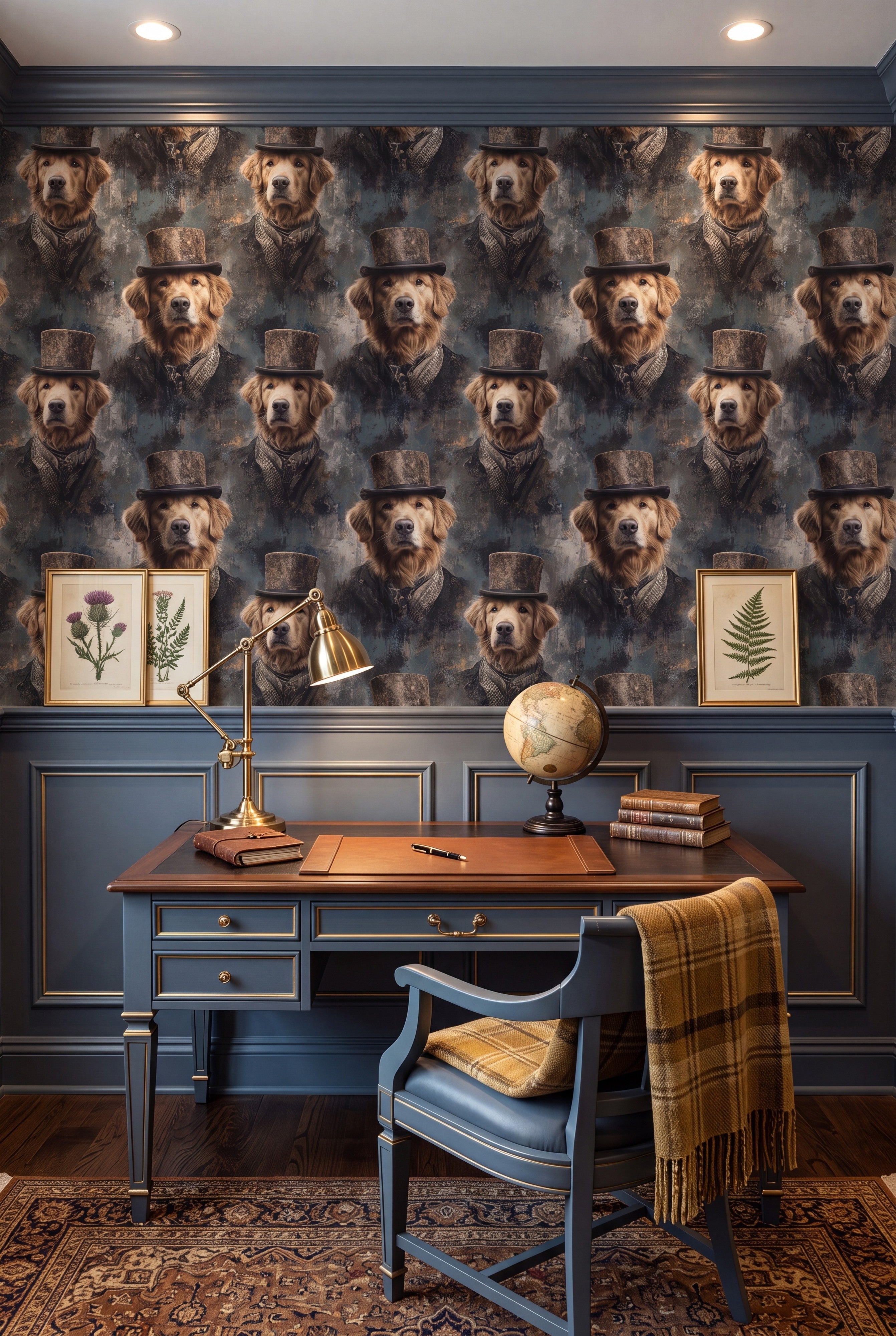 Good Boy Esquire wallpaper shown in a home office