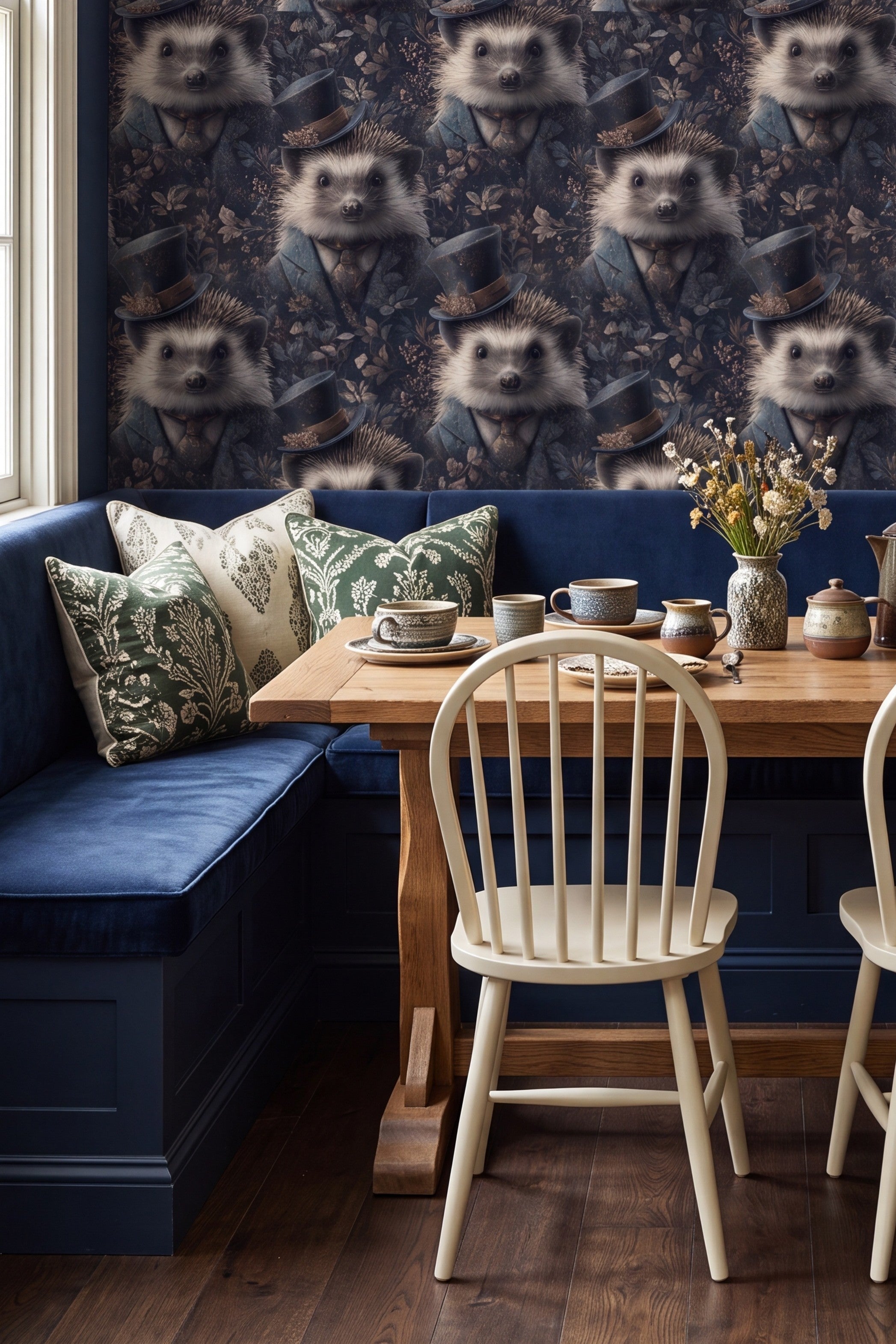 Thistle Crown wallpaper shown in a reading nook
