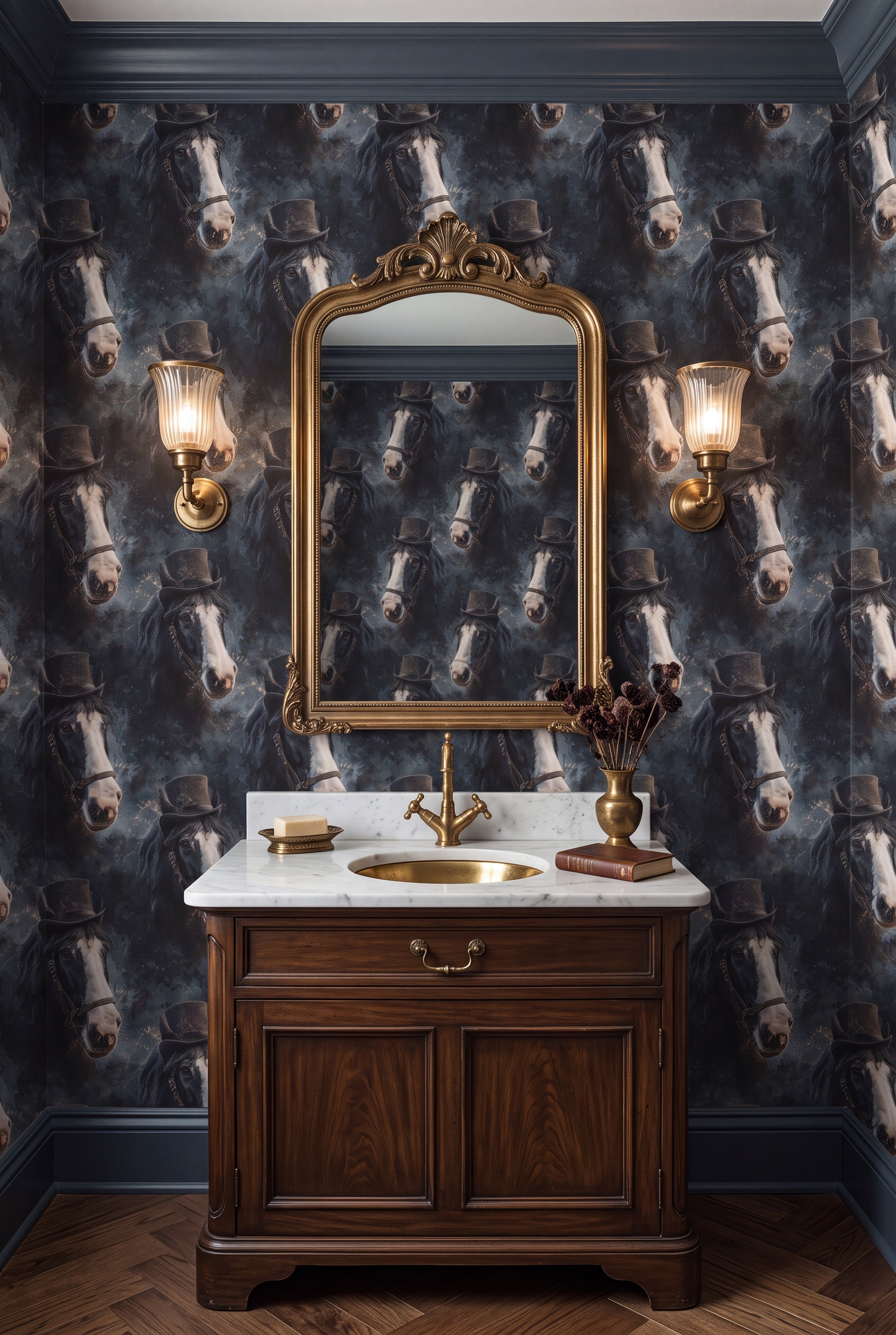 Midnight Mare wallpaper shown in a powder room