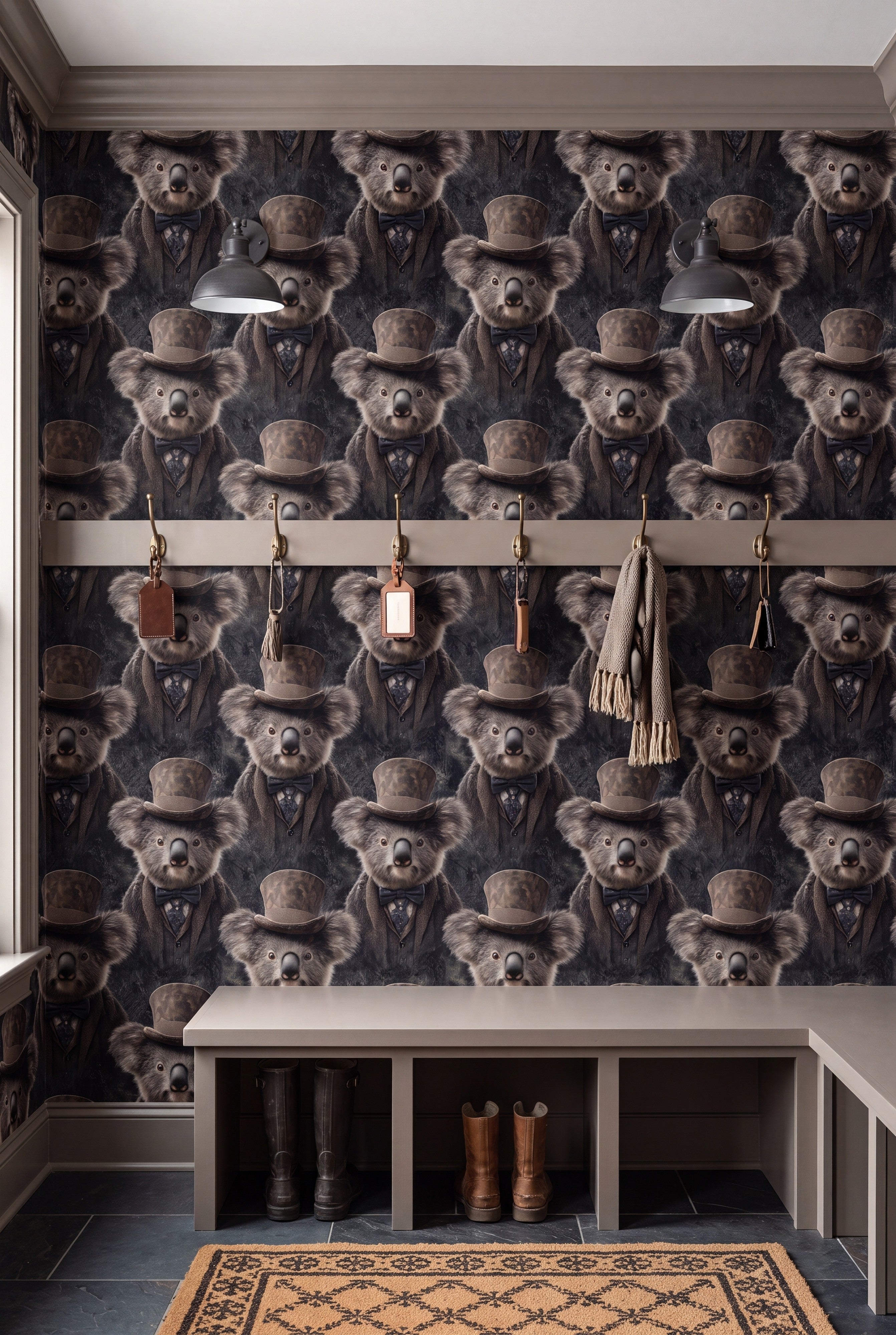 The Professor wallpaper shown in a mudroom