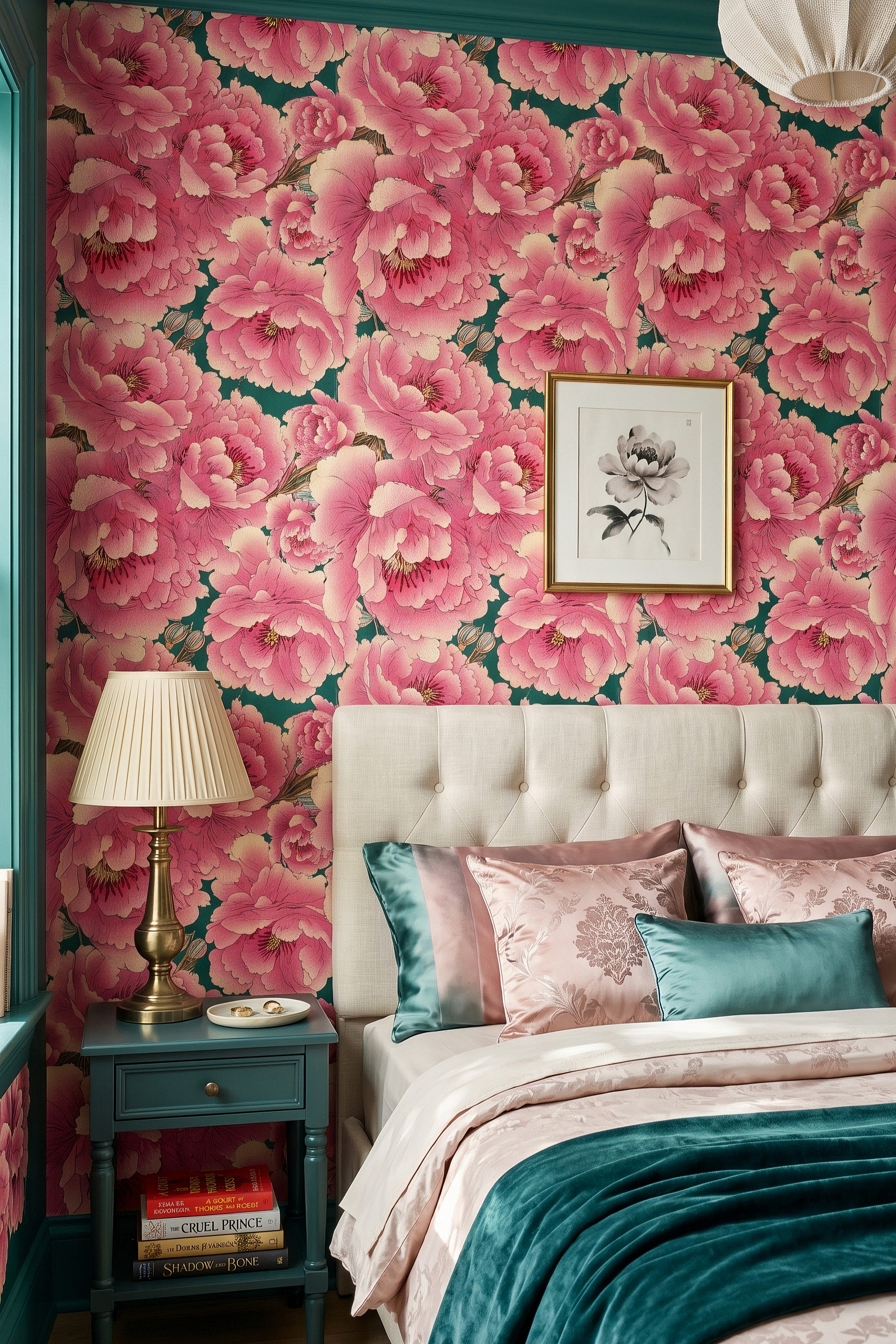 Peony Pavilion wallpaper shown in a bedroom