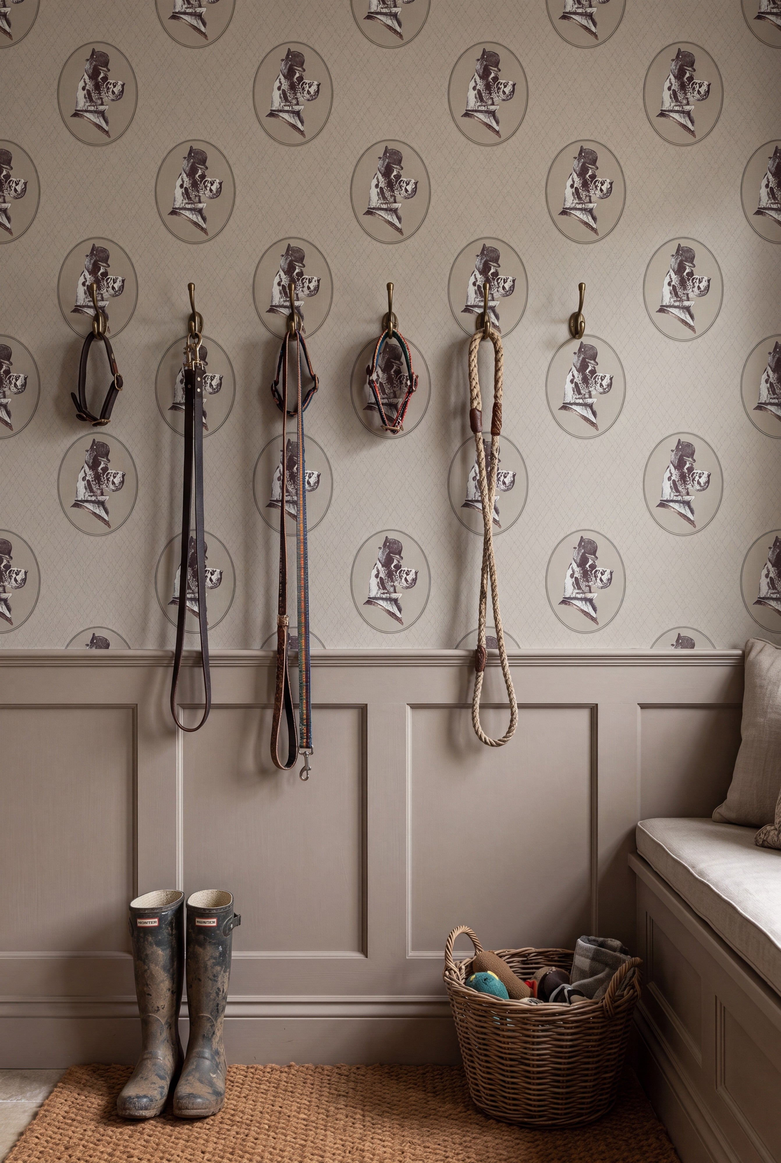 Puppy Parade wallpaper shown in a mudroom