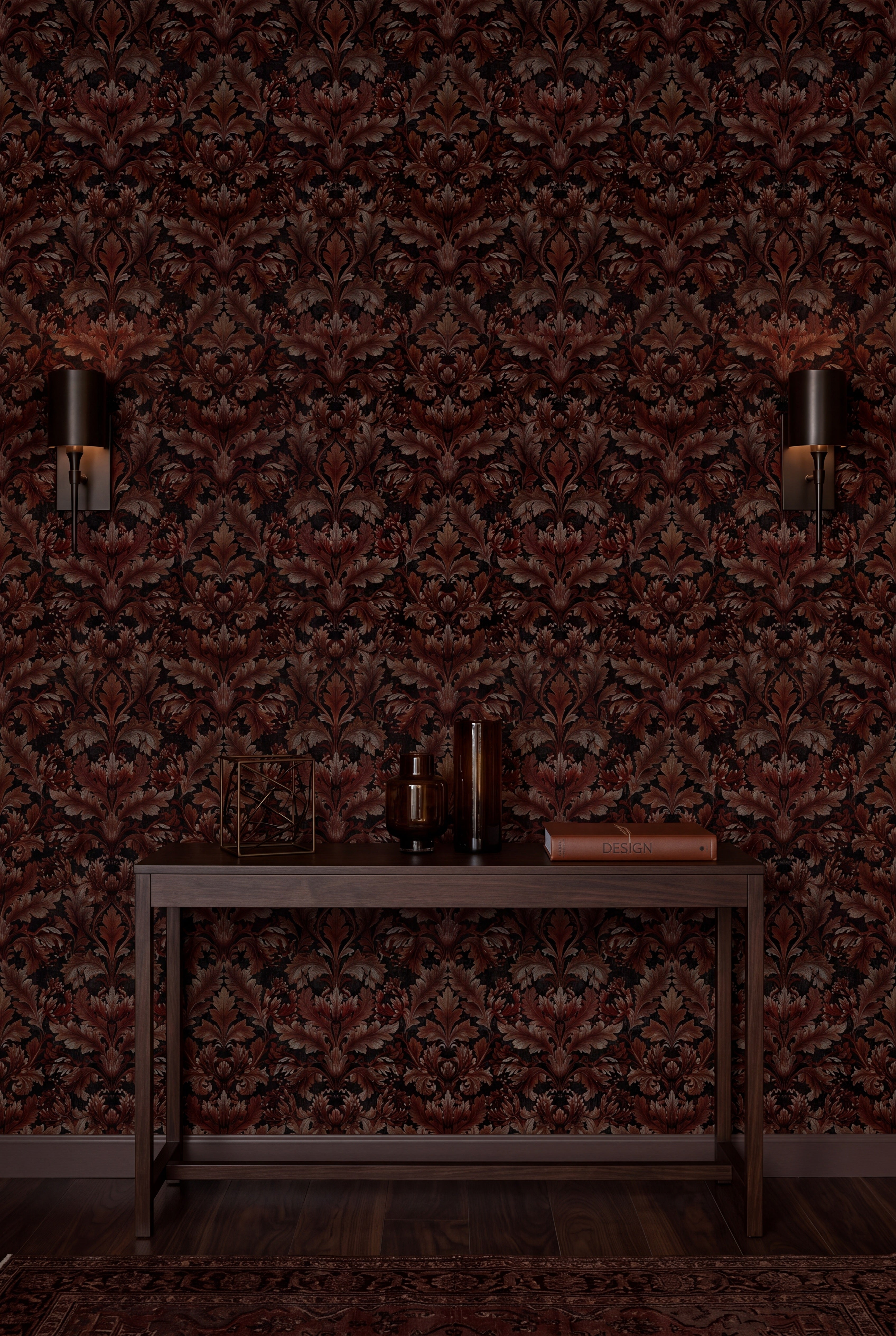 Oxblood Acanthus wallpaper shown in an accent wall