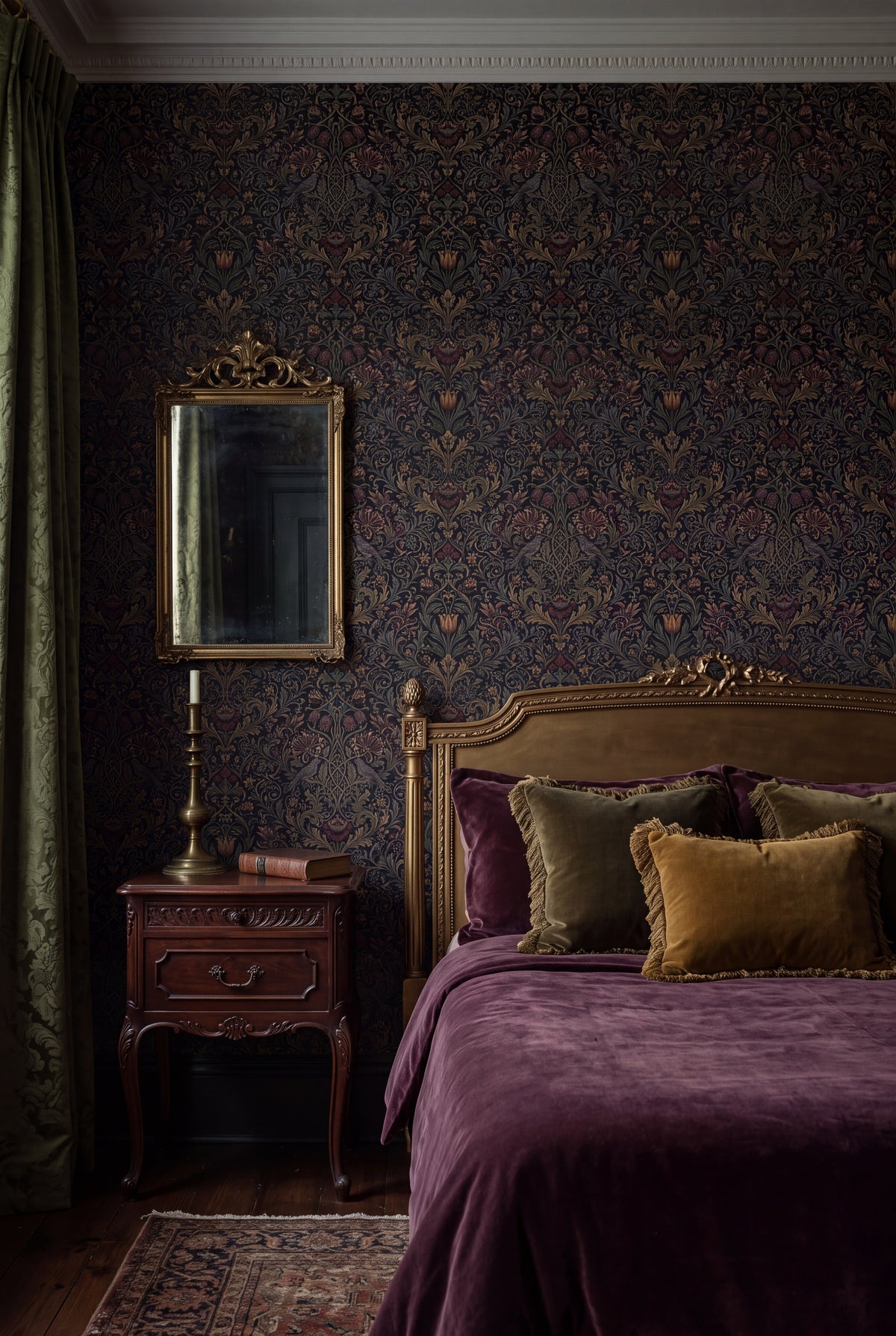 Midnight Aviary wallpaper shown in a bedroom