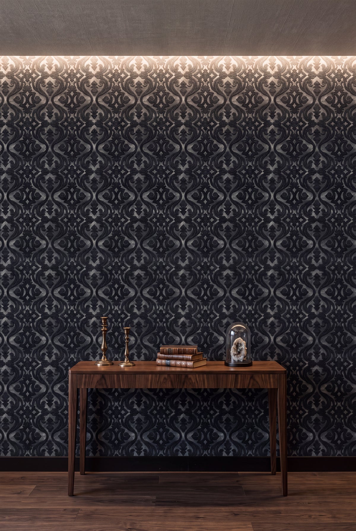 Onyx Scroll wallpaper shown in an accent wall
