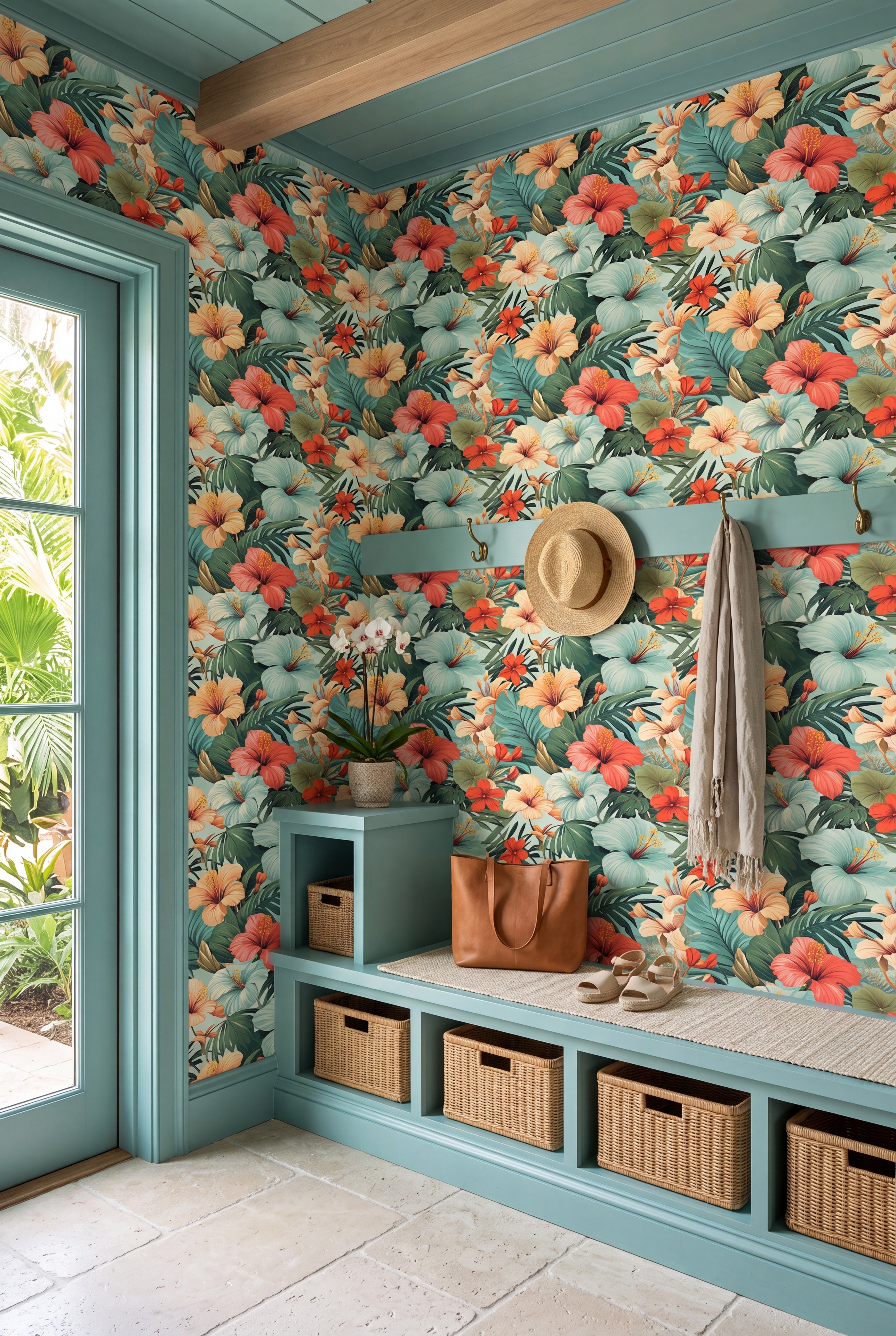 Tiki Teal wallpaper shown in a mudroom