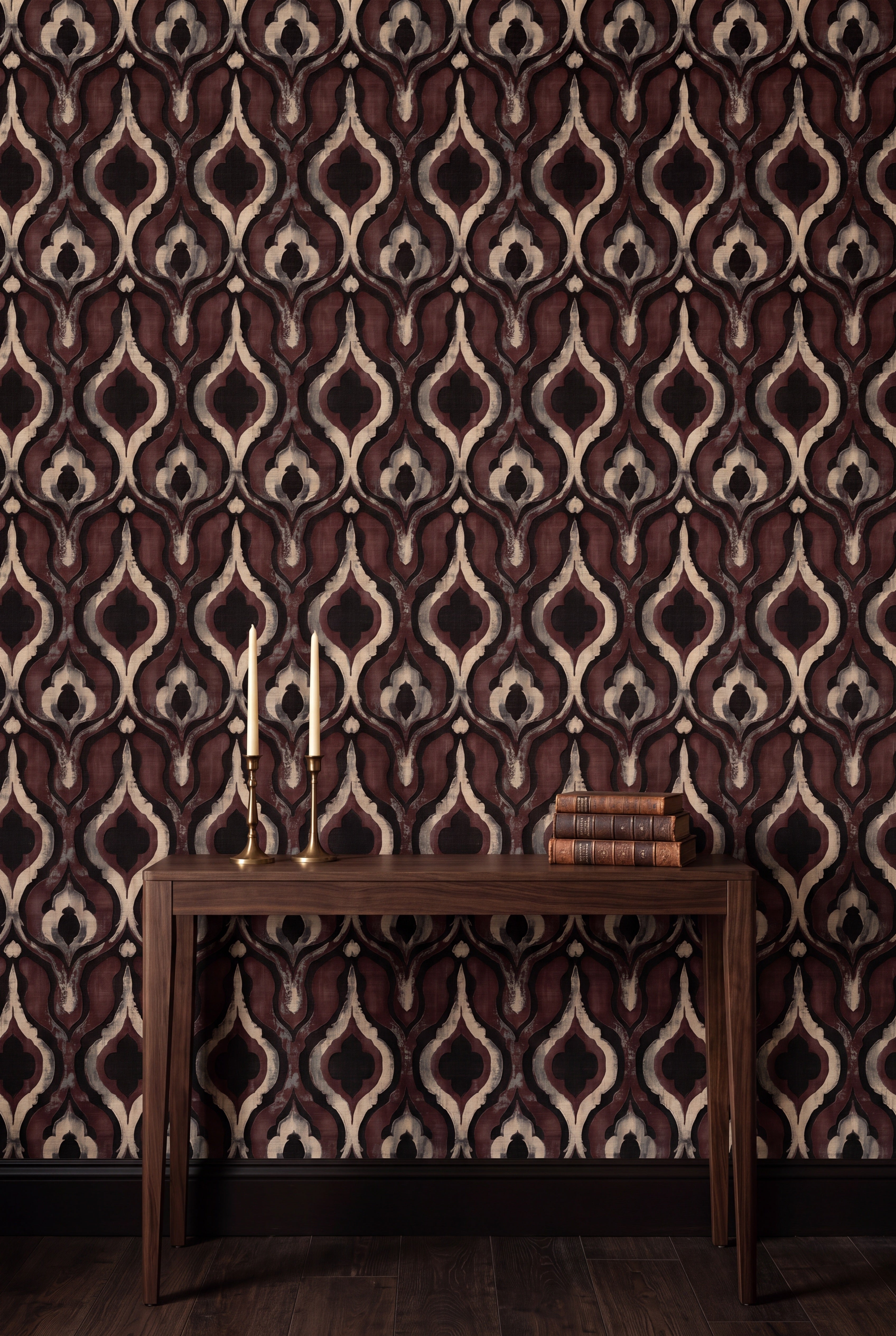 Plum Lantern wallpaper shown in an accent wall