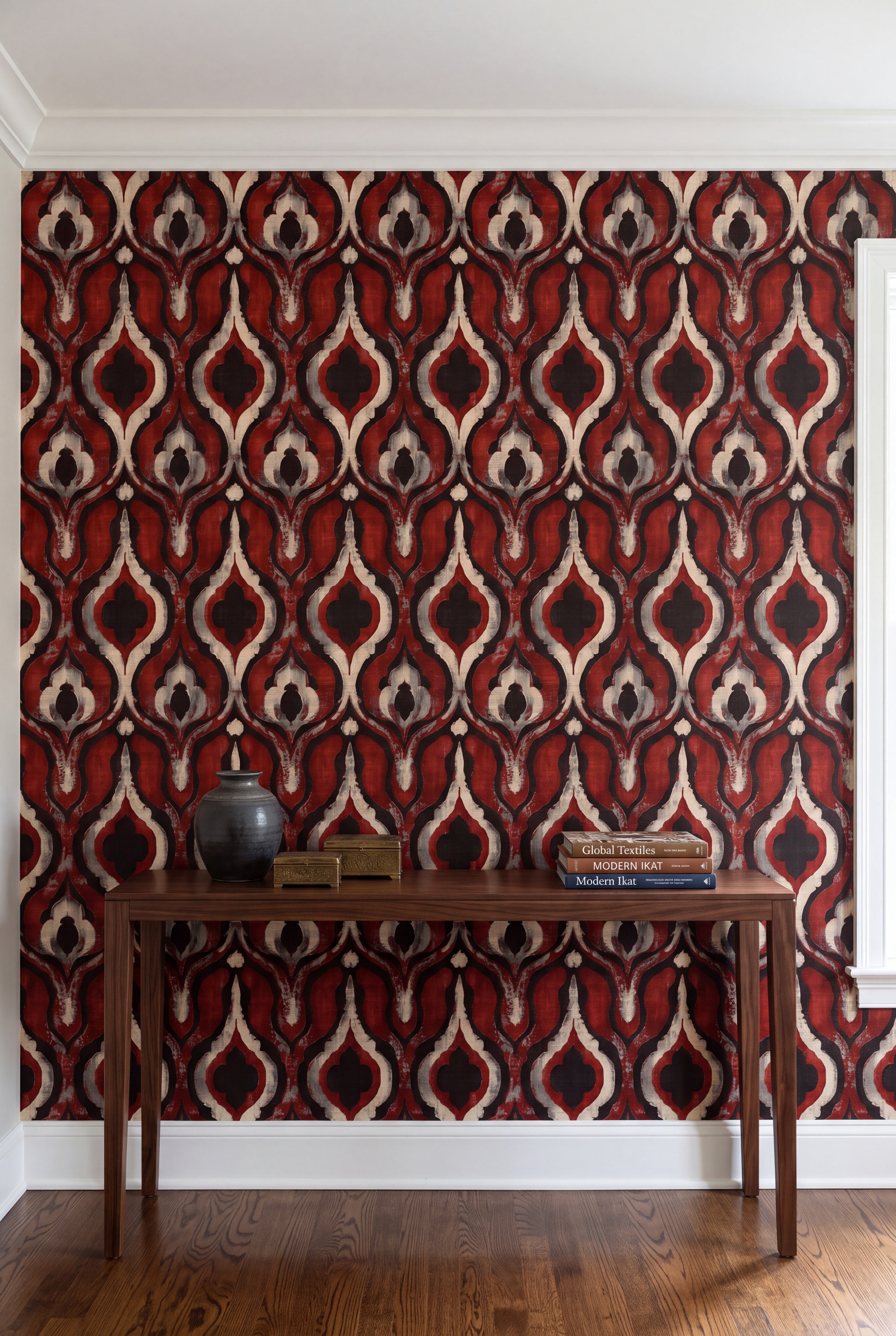 Crimson Lantern wallpaper shown in an accent wall