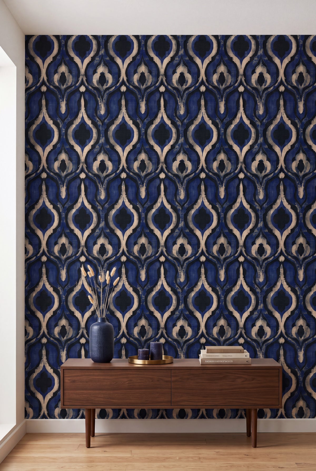 Cobalt Lantern wallpaper shown in an accent wall