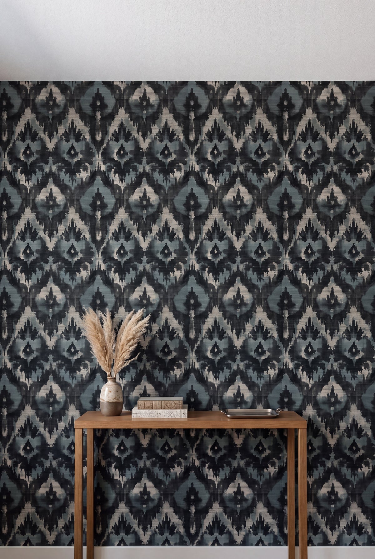 Indigo Ikat wallpaper shown in an accent wall