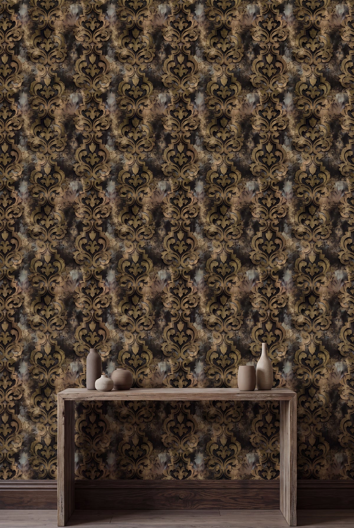 Gilded Relic wallpaper shown in an accent wall