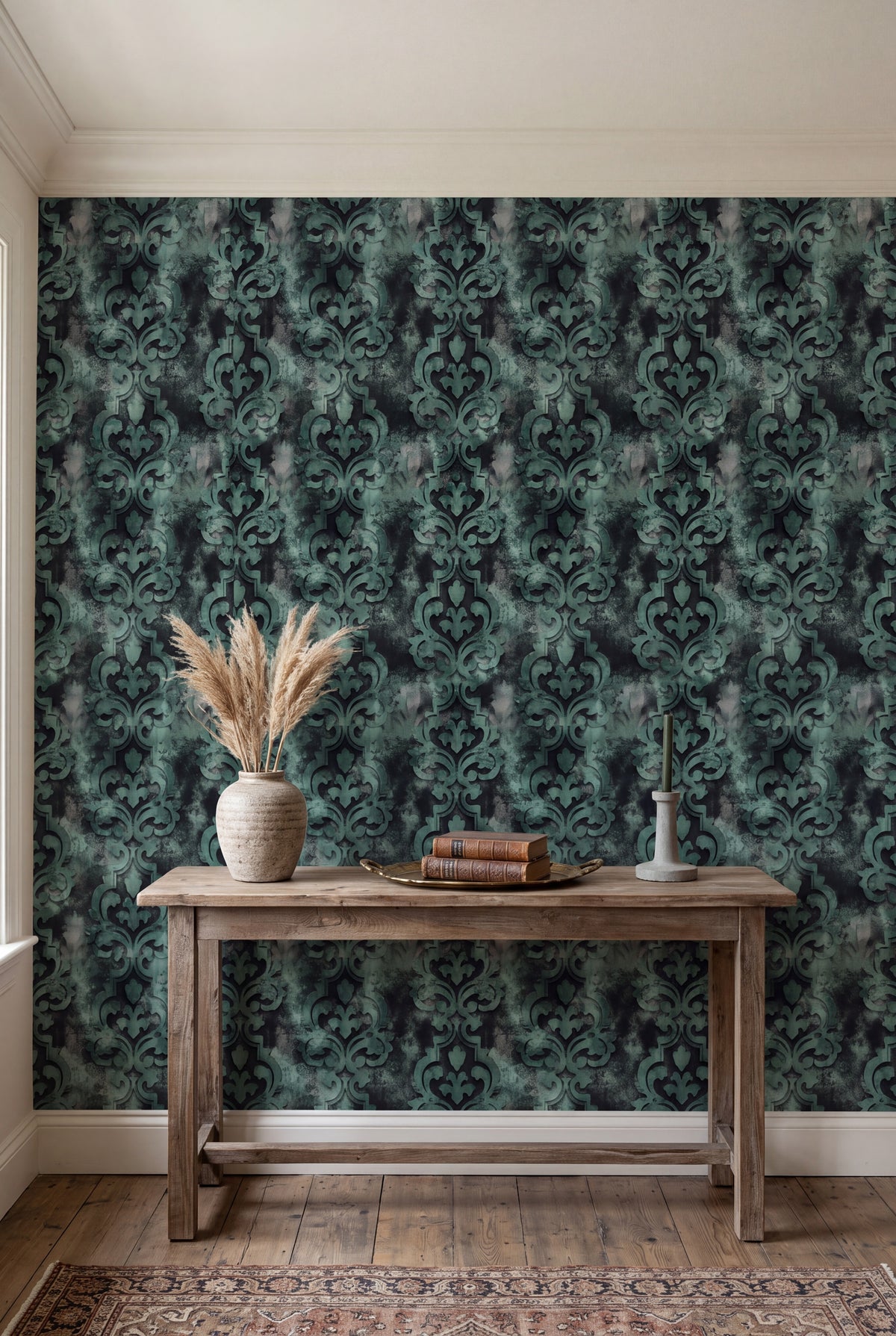 Seafoam Relic wallpaper shown in an accent wall