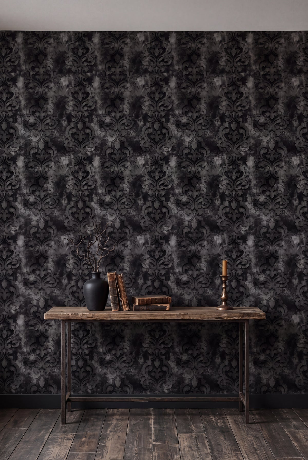 Pewter Relic wallpaper shown in an accent wall