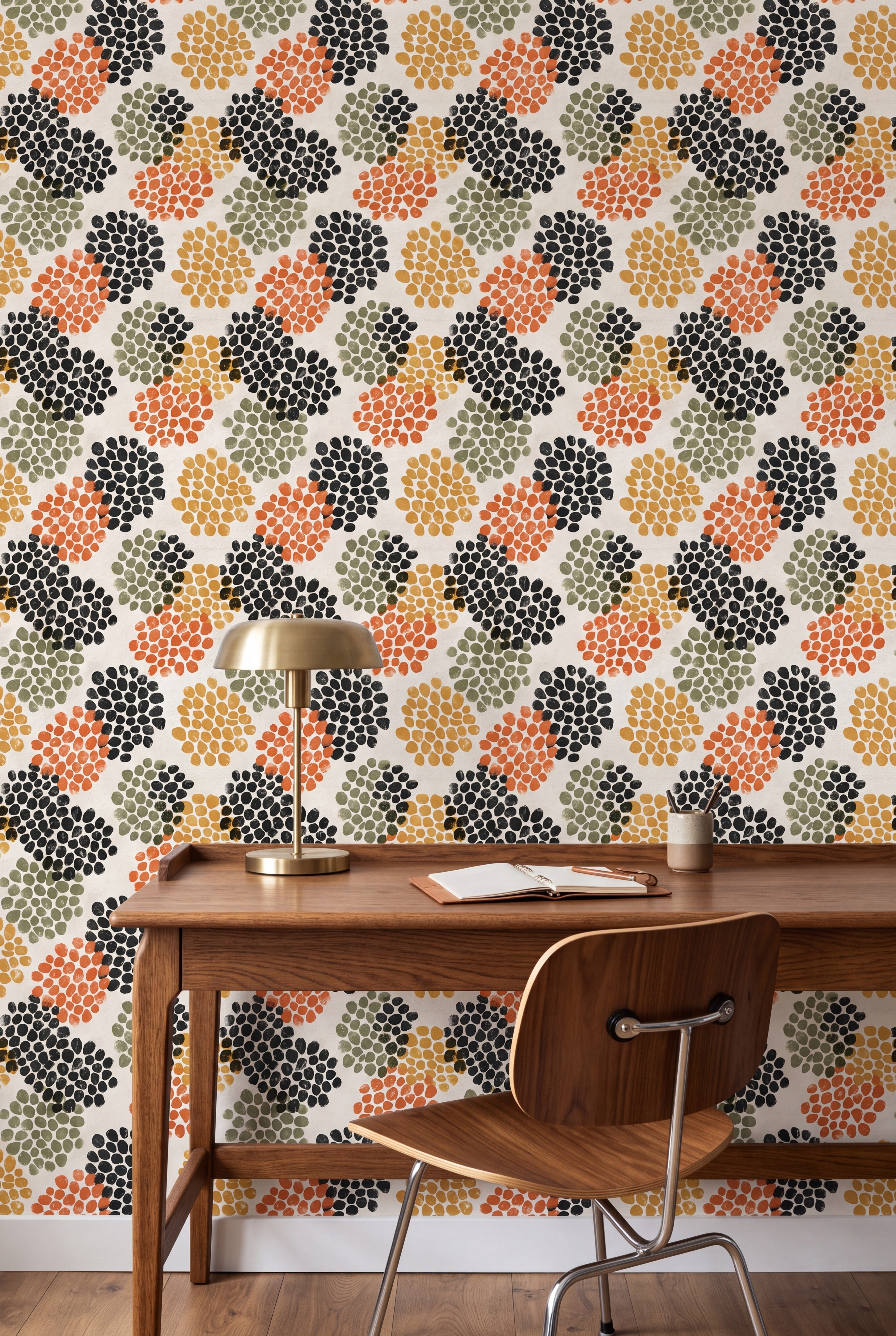 Seedpod wallpaper shown in a home office