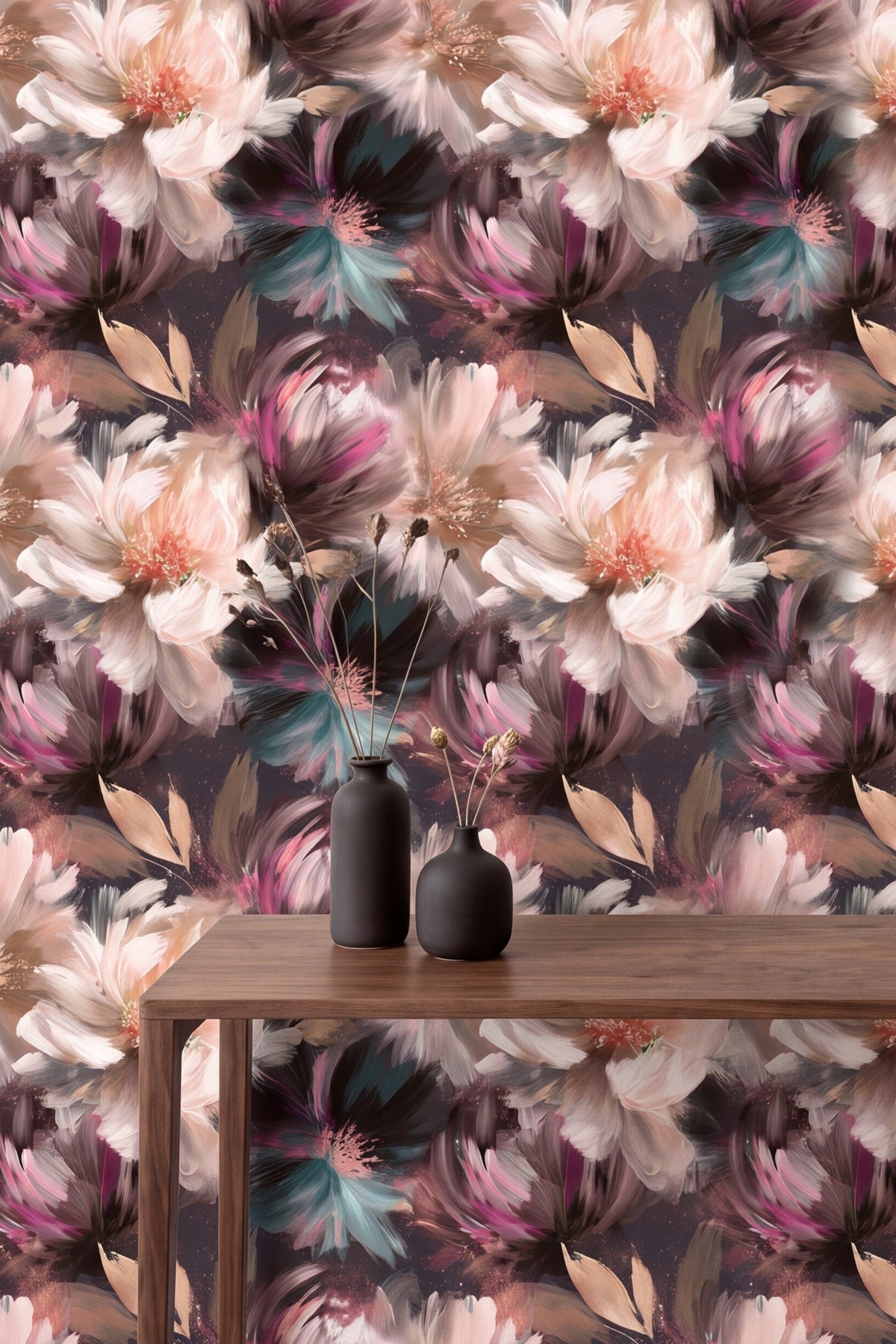 Plume Peony wallpaper shown in an accent wall