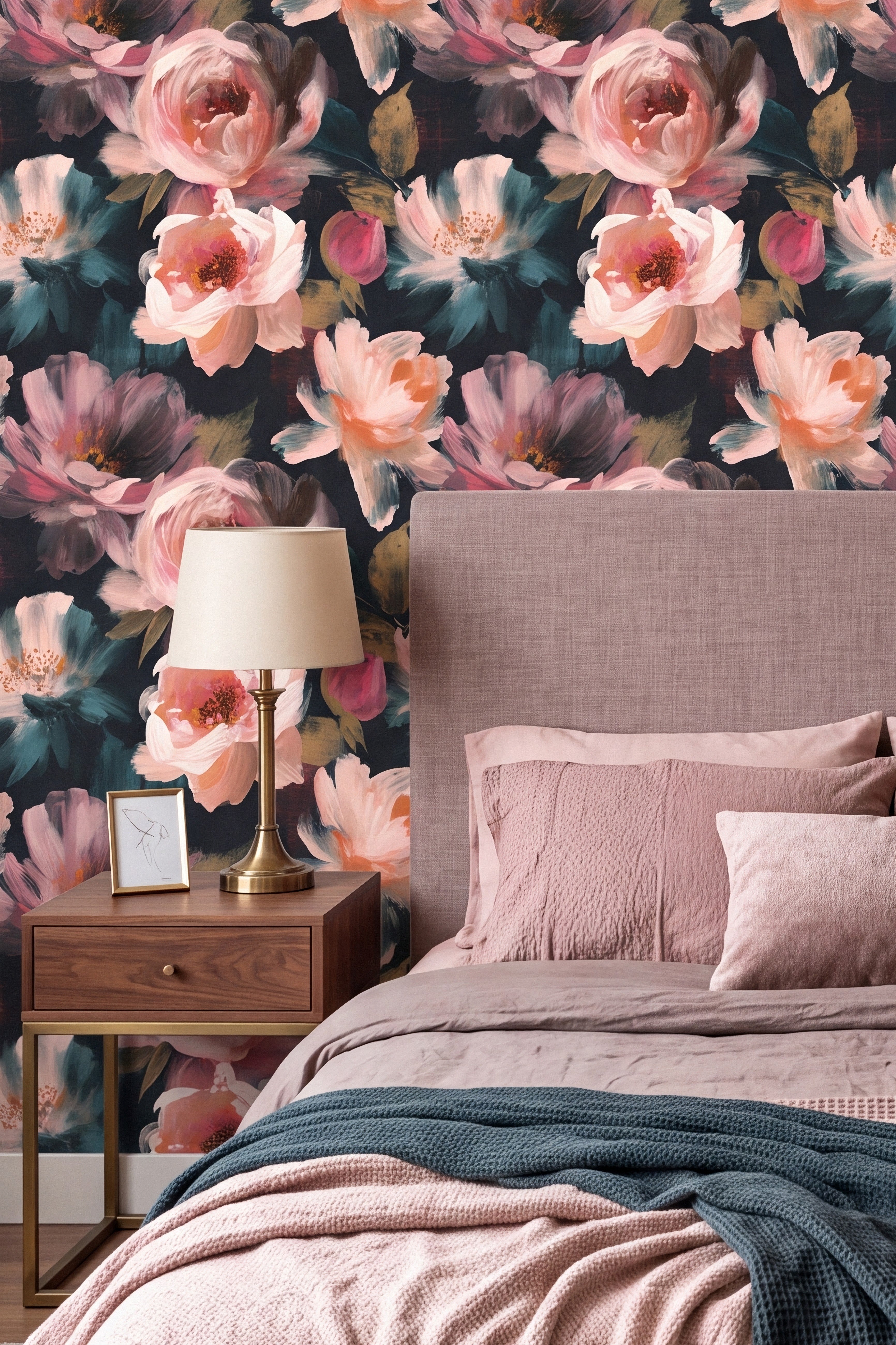Rosewater Nocturne wallpaper shown in a bedroom