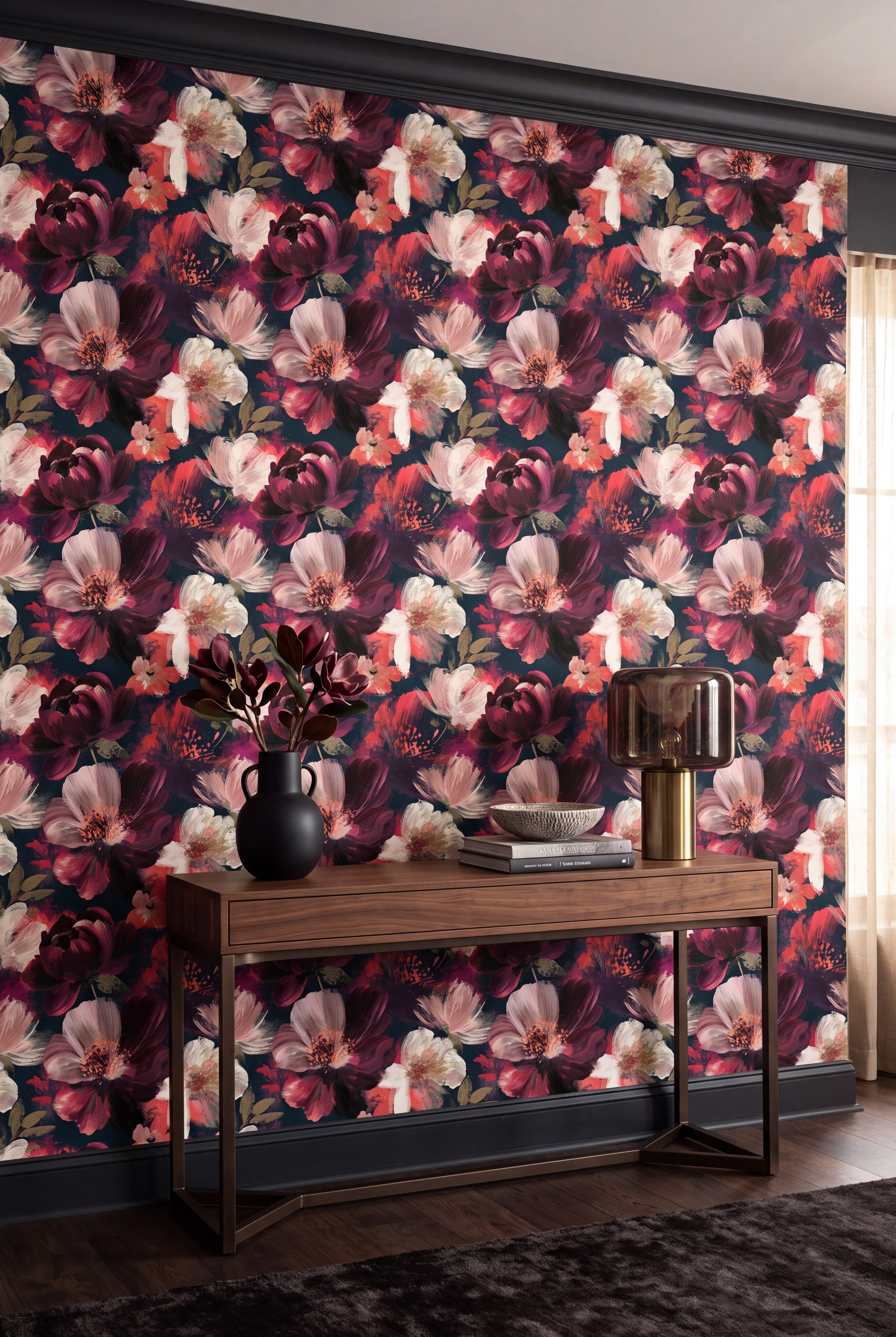 Garnet Bloom wallpaper shown in an accent wall
