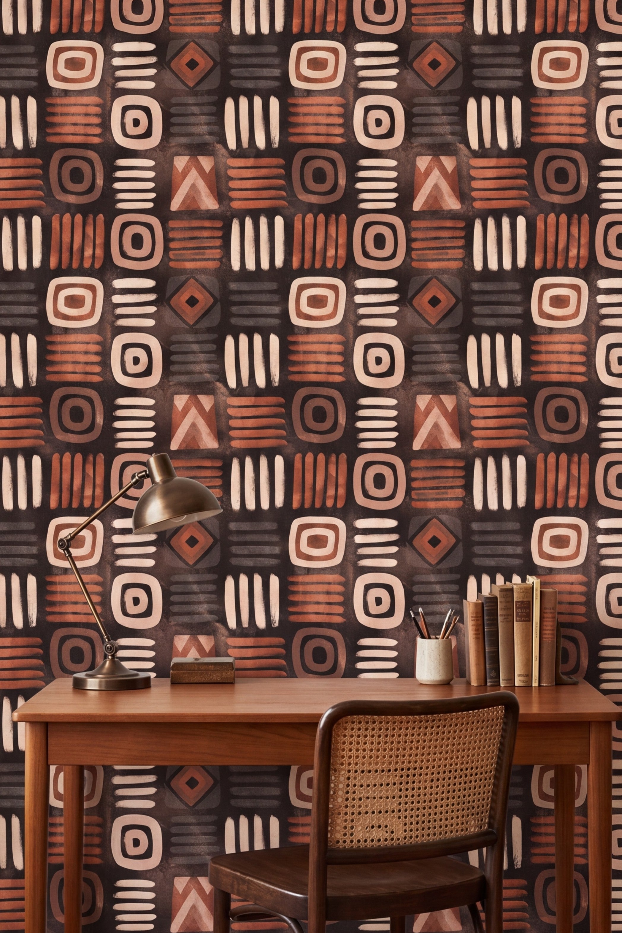 Clay Codex wallpaper shown in a home office