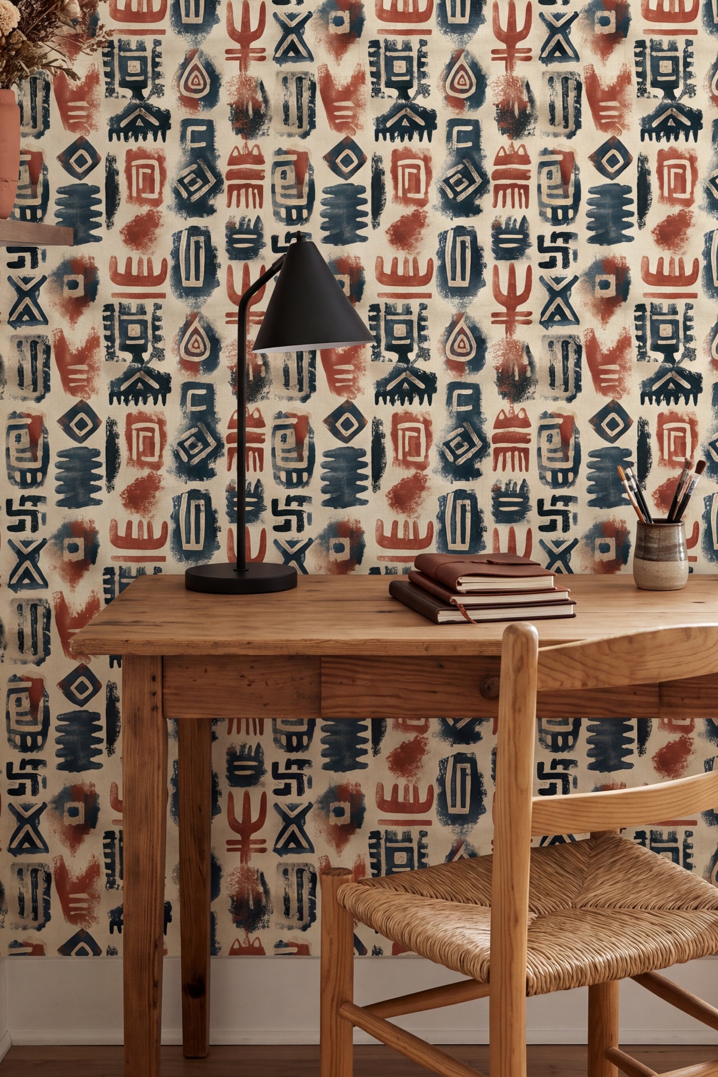 Storyteller wallpaper shown in a home office