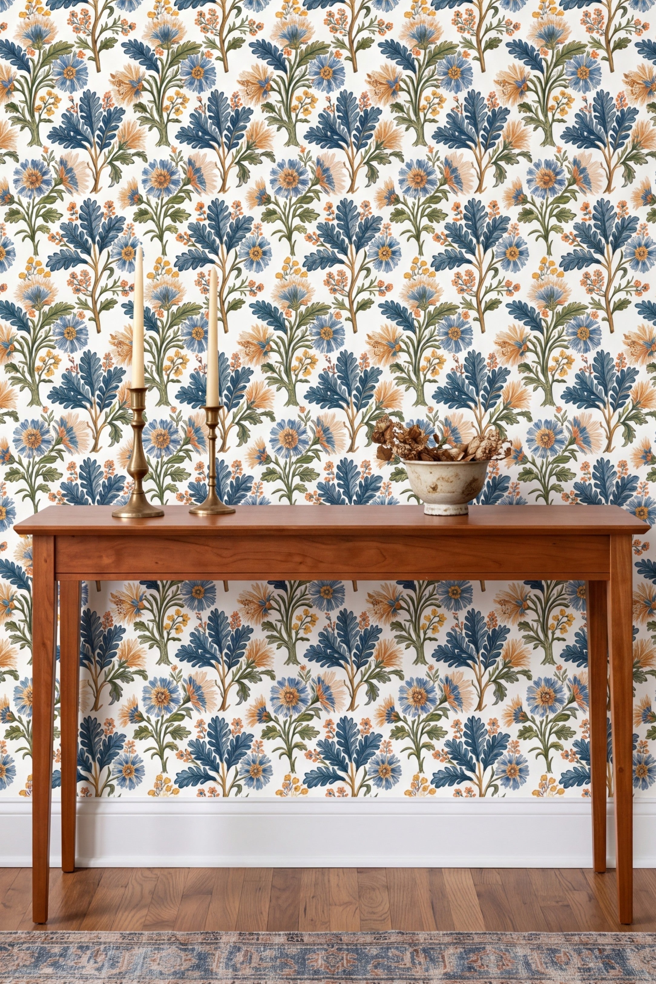 Cornflower Chintz wallpaper shown in an accent wall
