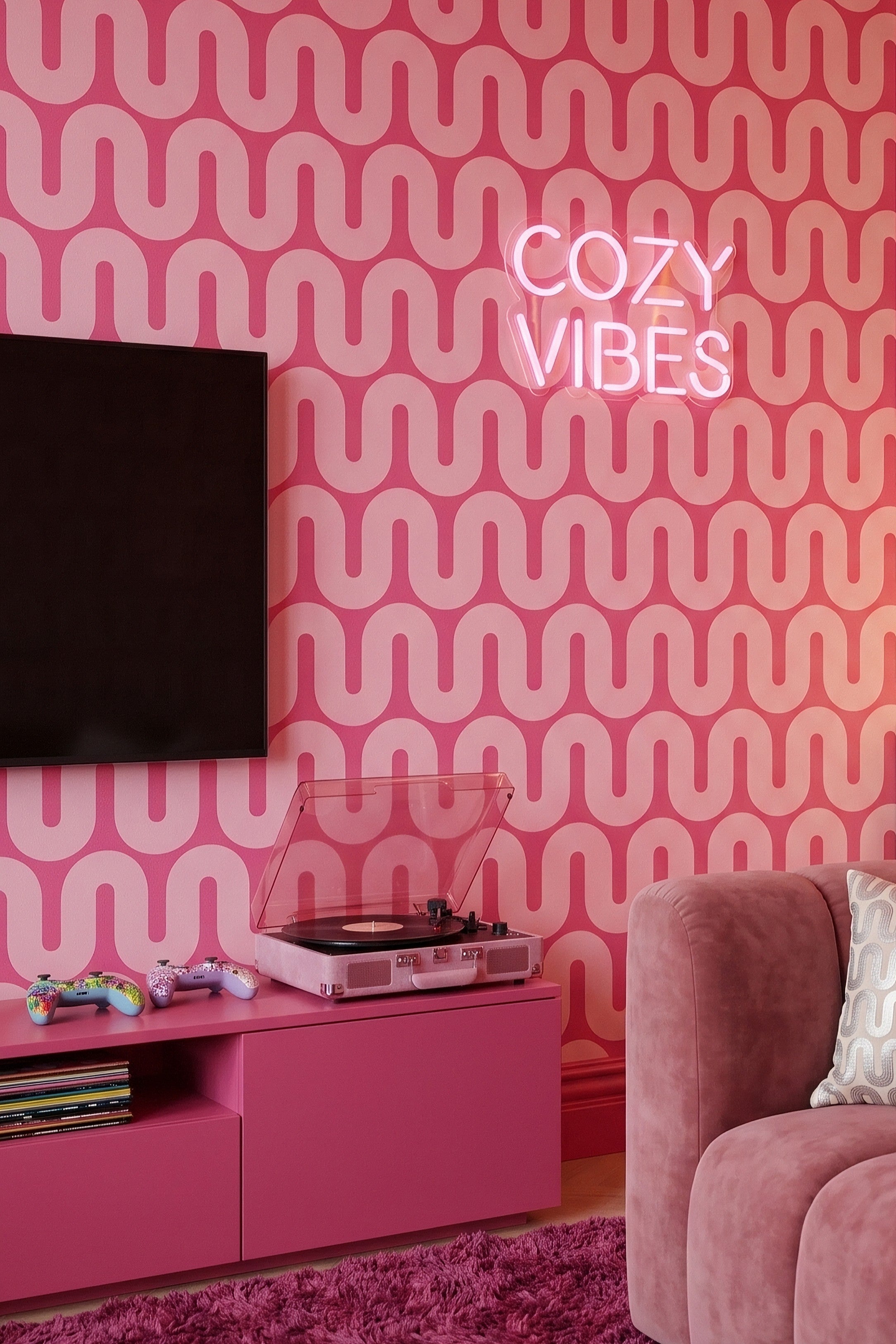 Bubblegum Pop wallpaper shown in a media room