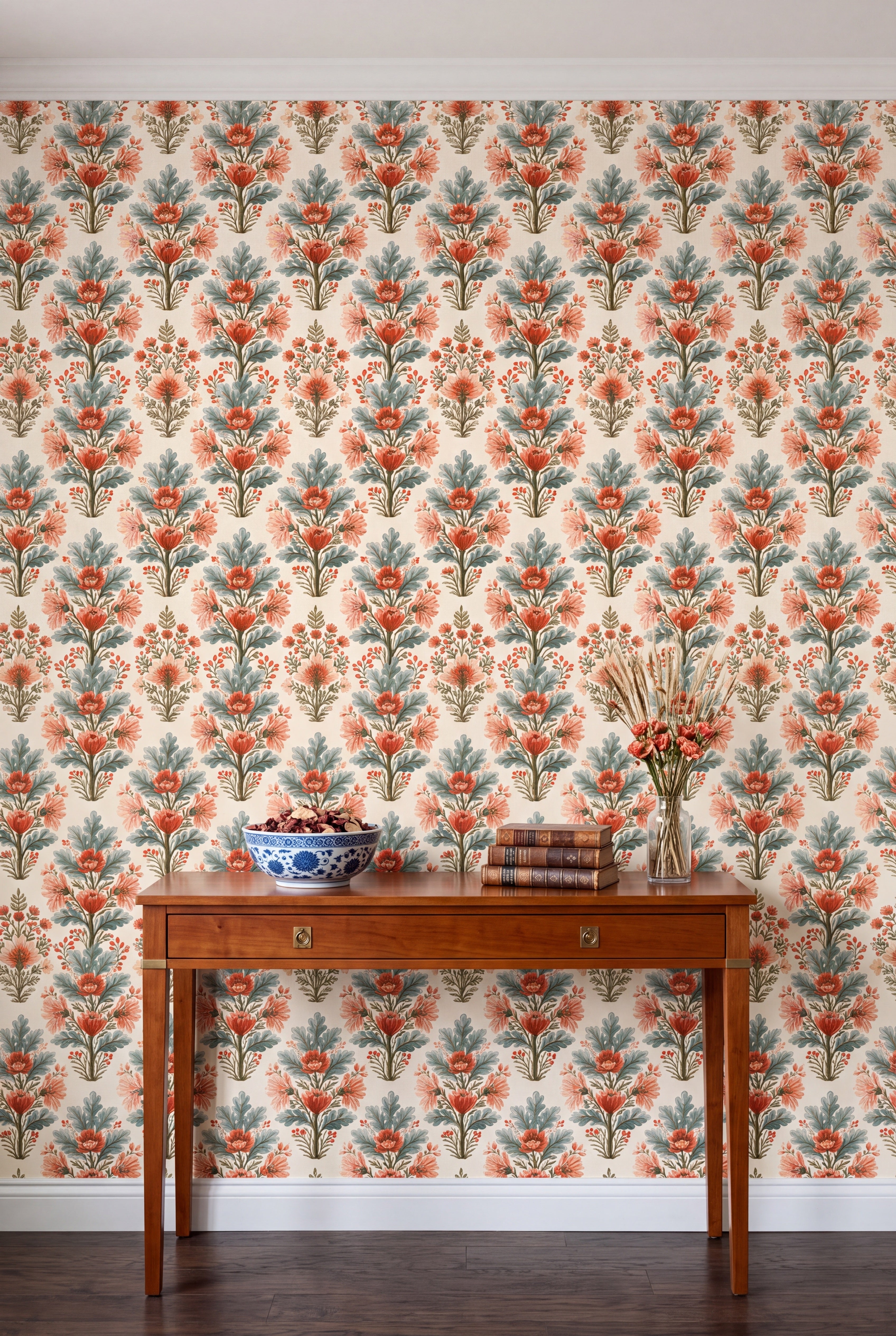 Coral Sprig wallpaper shown in an accent wall