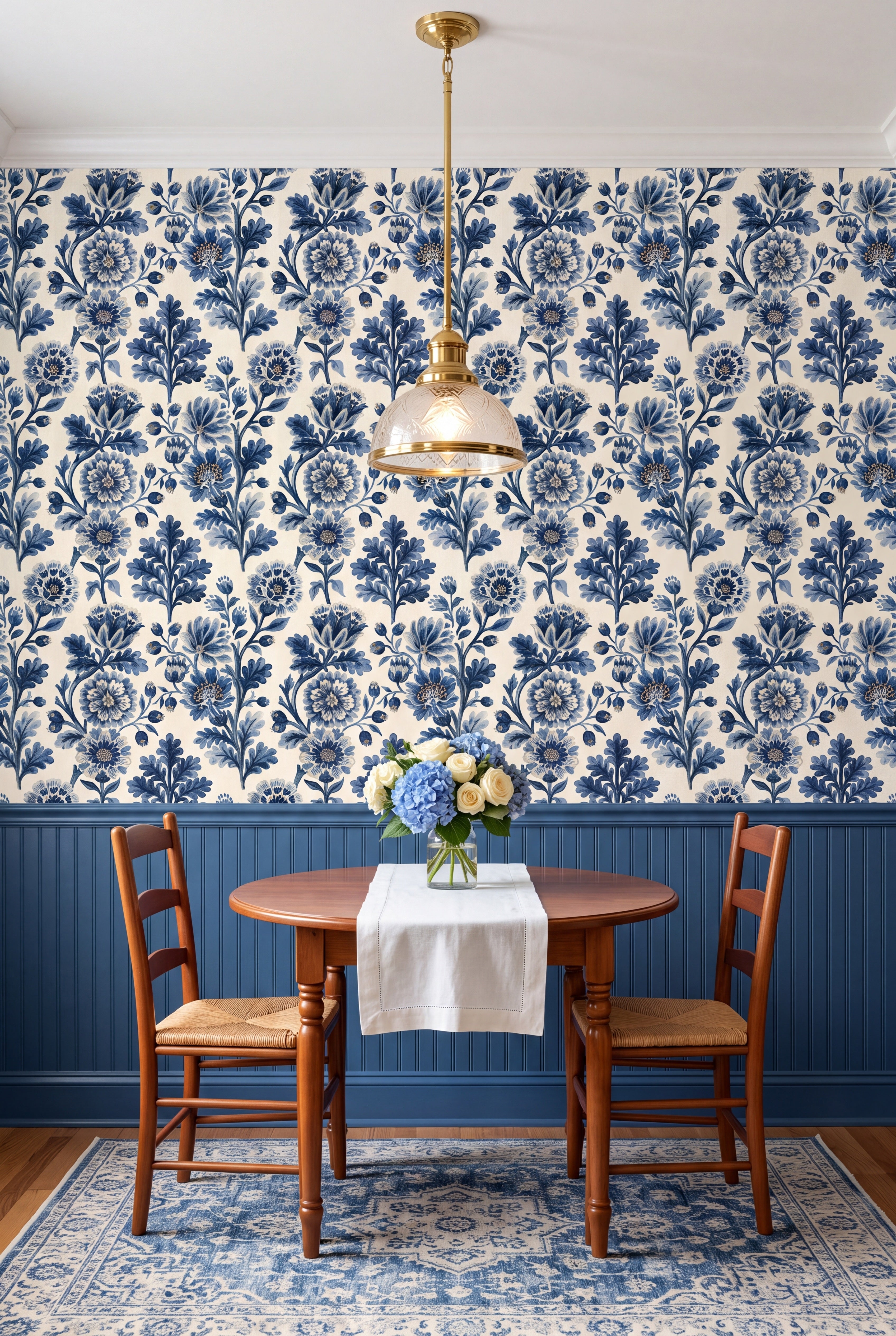 Porcelain Blue wallpaper shown in a kitchen breakfast nook