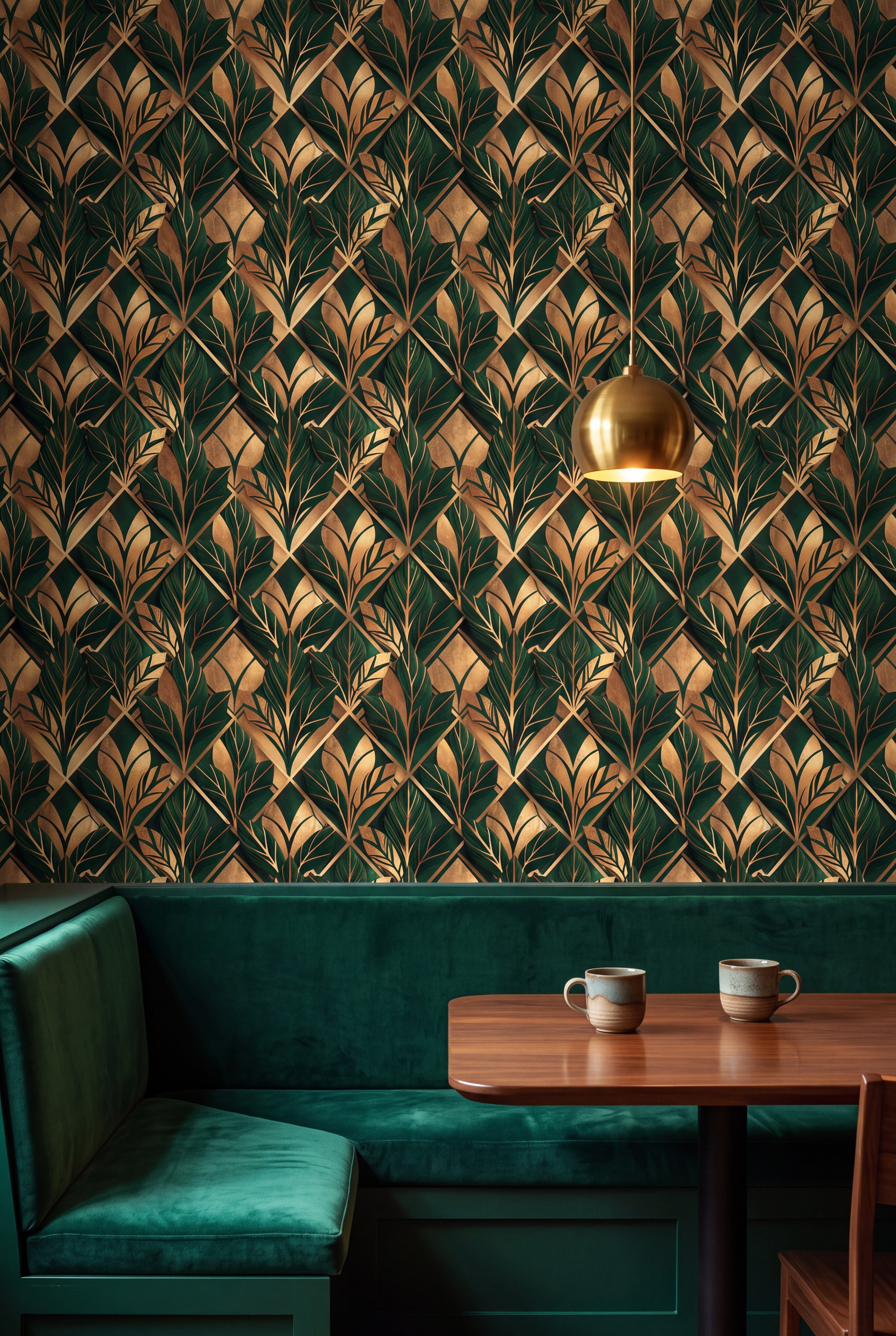 Malachite Marquee wallpaper shown in a kitchen breakfast nook