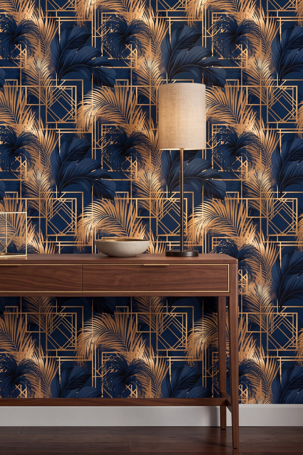 Palm Parquet wallpaper shown in an accent wall