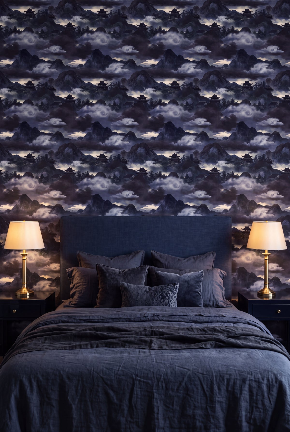Indigo Pagoda wallpaper shown in a bedroom