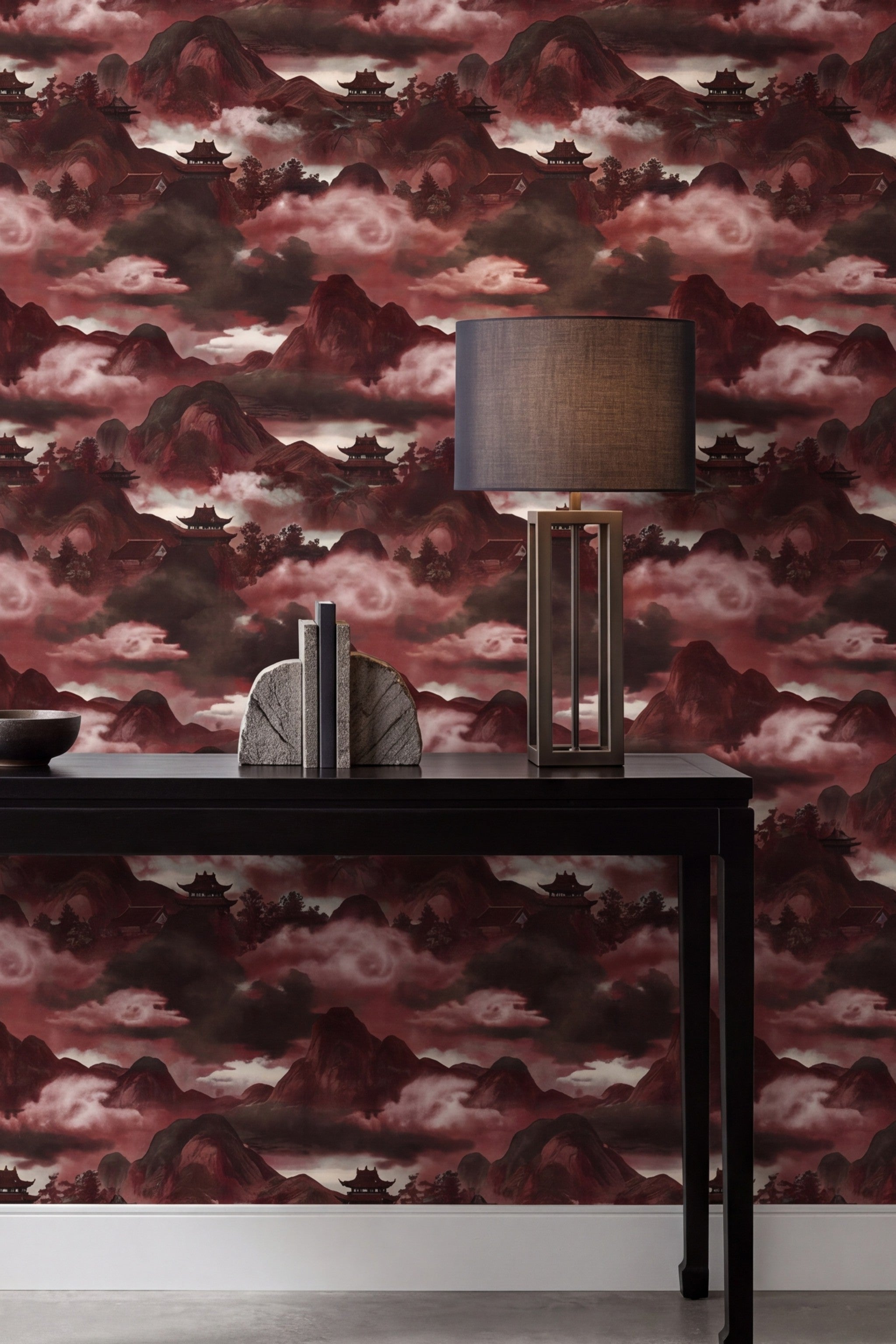Oxblood Pagoda wallpaper shown in an accent wall