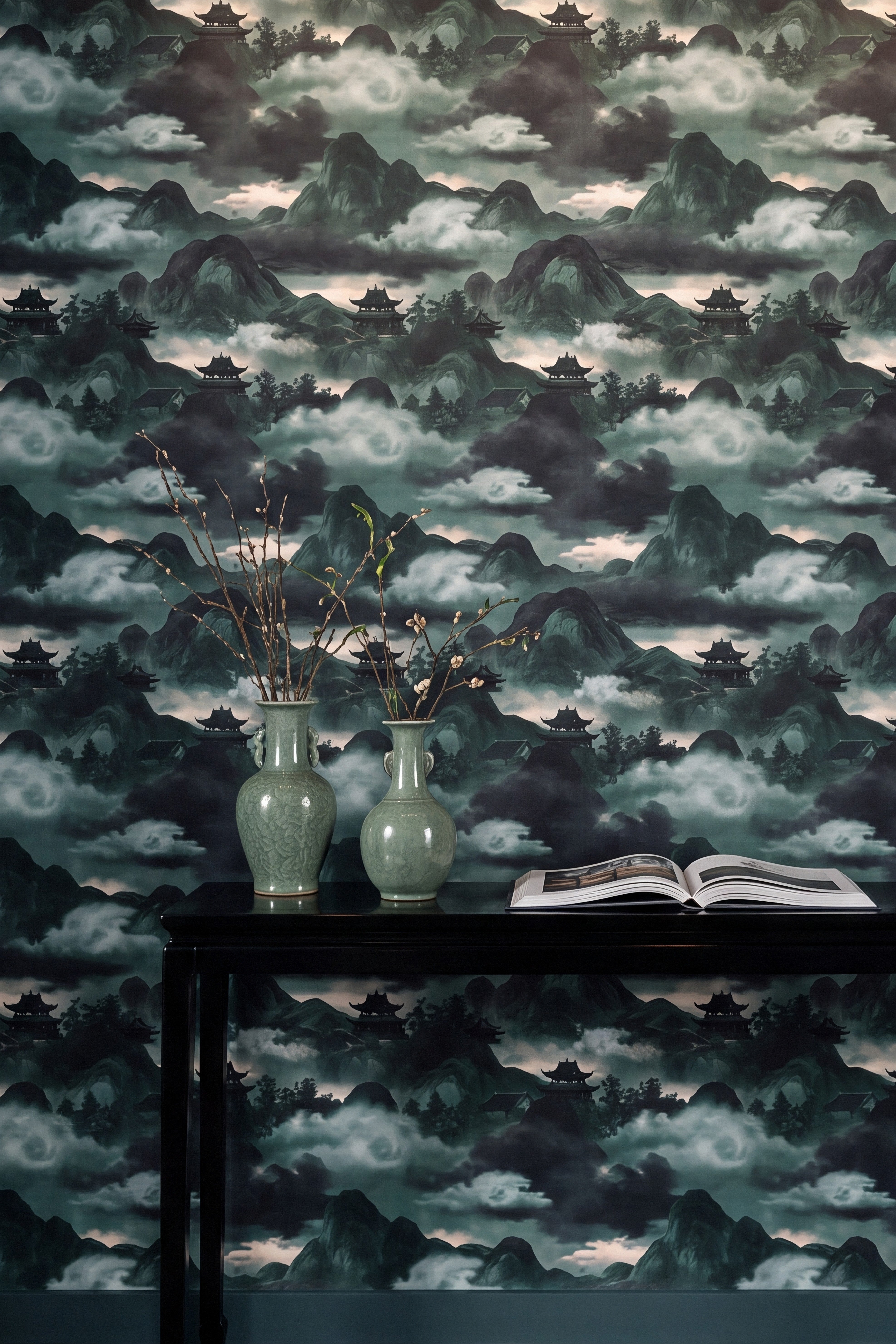 Jade Pagoda wallpaper shown in an accent wall